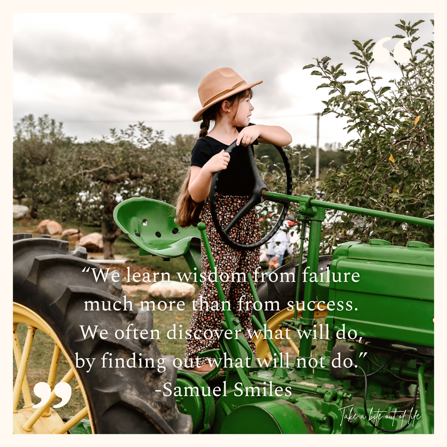 Inspirational quote about wisdom and failure by Samuel Smiles overlaid on green nature background.