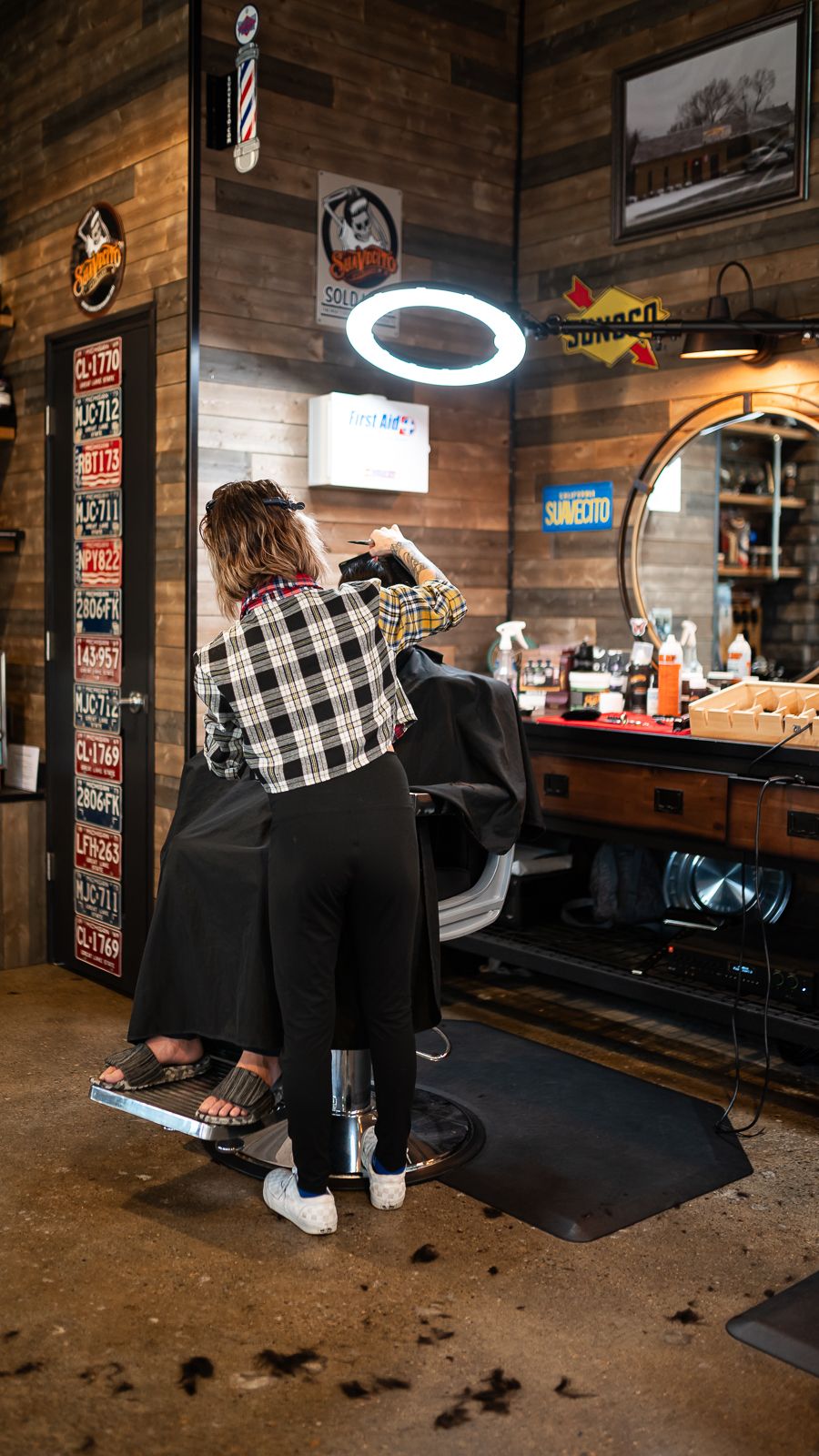 Sequence of photos showing a barber shop interior with vintage decor, wooden walls, and classic barber chairs.