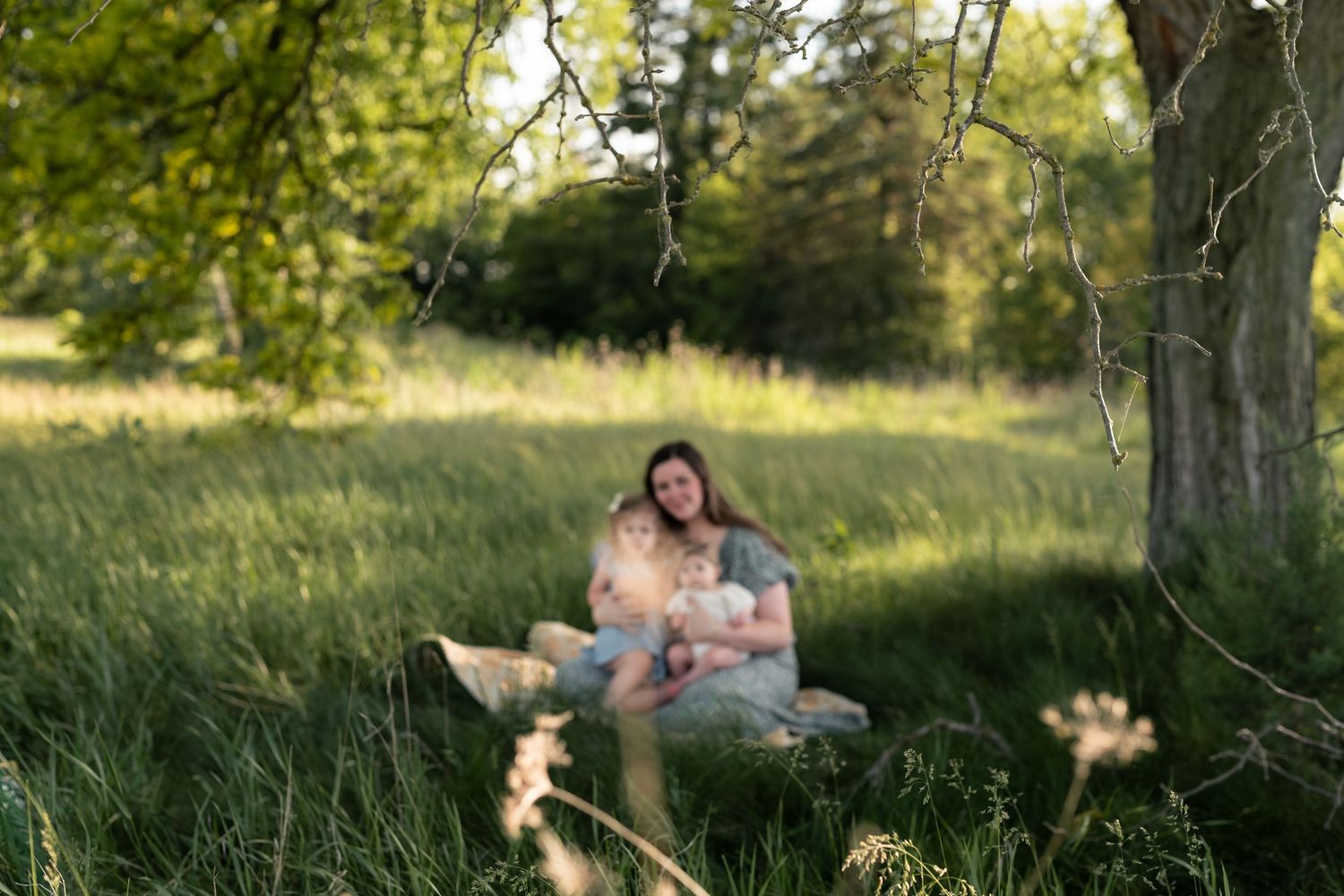 Mother breastfeeding newborn baby in lush green meadow during golden hour sunlight outdoors.