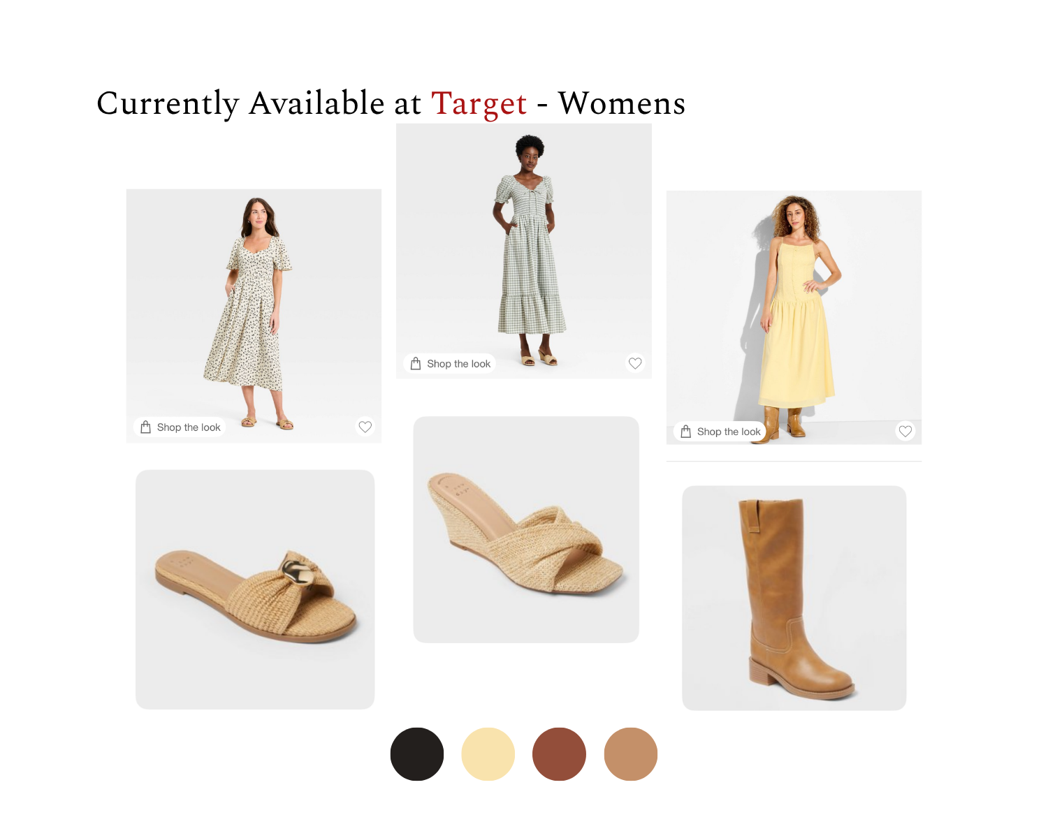 Target womens collection featuring floral dresses, yellow midi dress, tan wedge sandals, gold slide sandals, and tall brown leather boots.