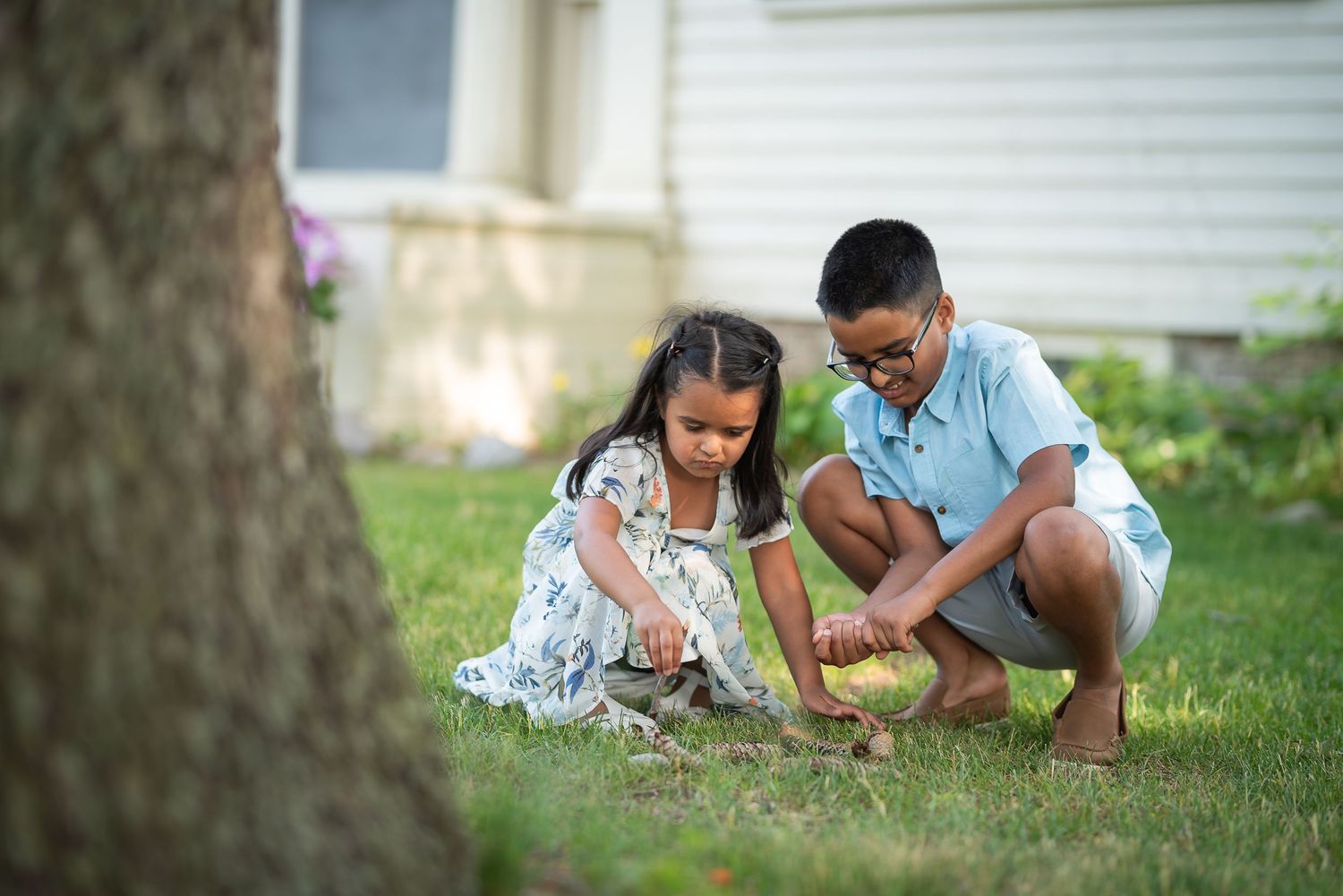 Two children examine something on grass near a tree outside a house on a sunny day.
