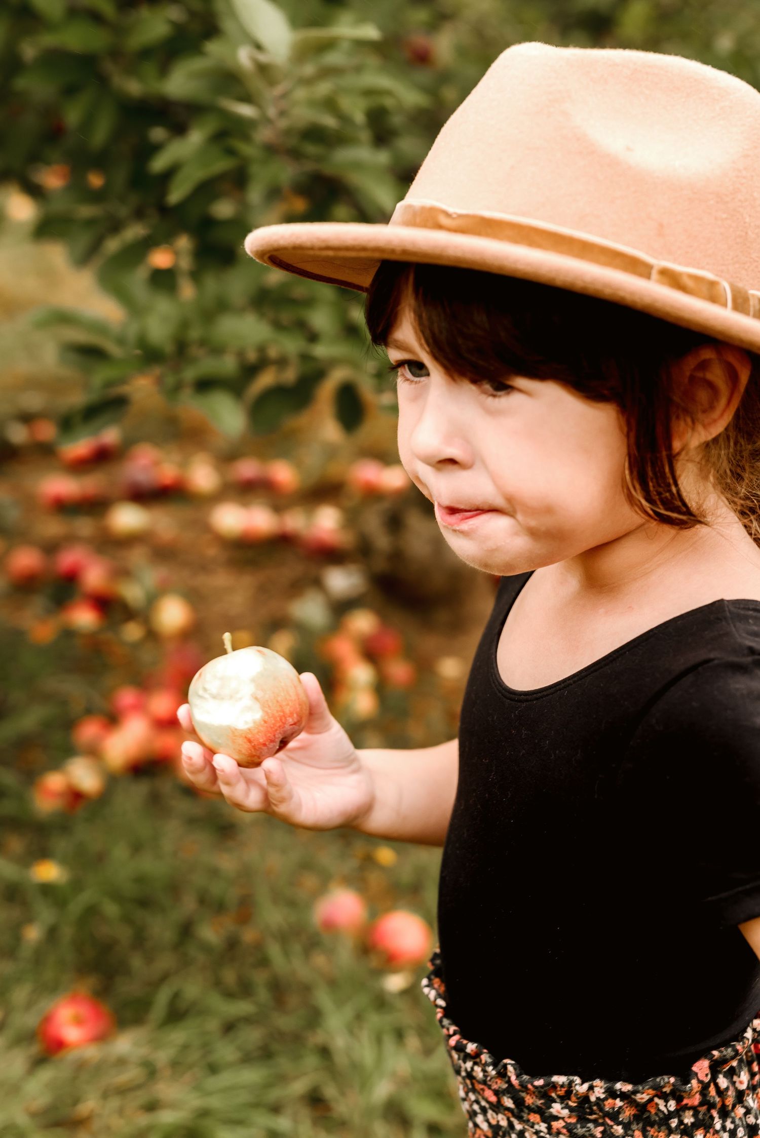 A person wearing a peach-colored hat reaches out towards fallen apples in an autumn orchard setting.