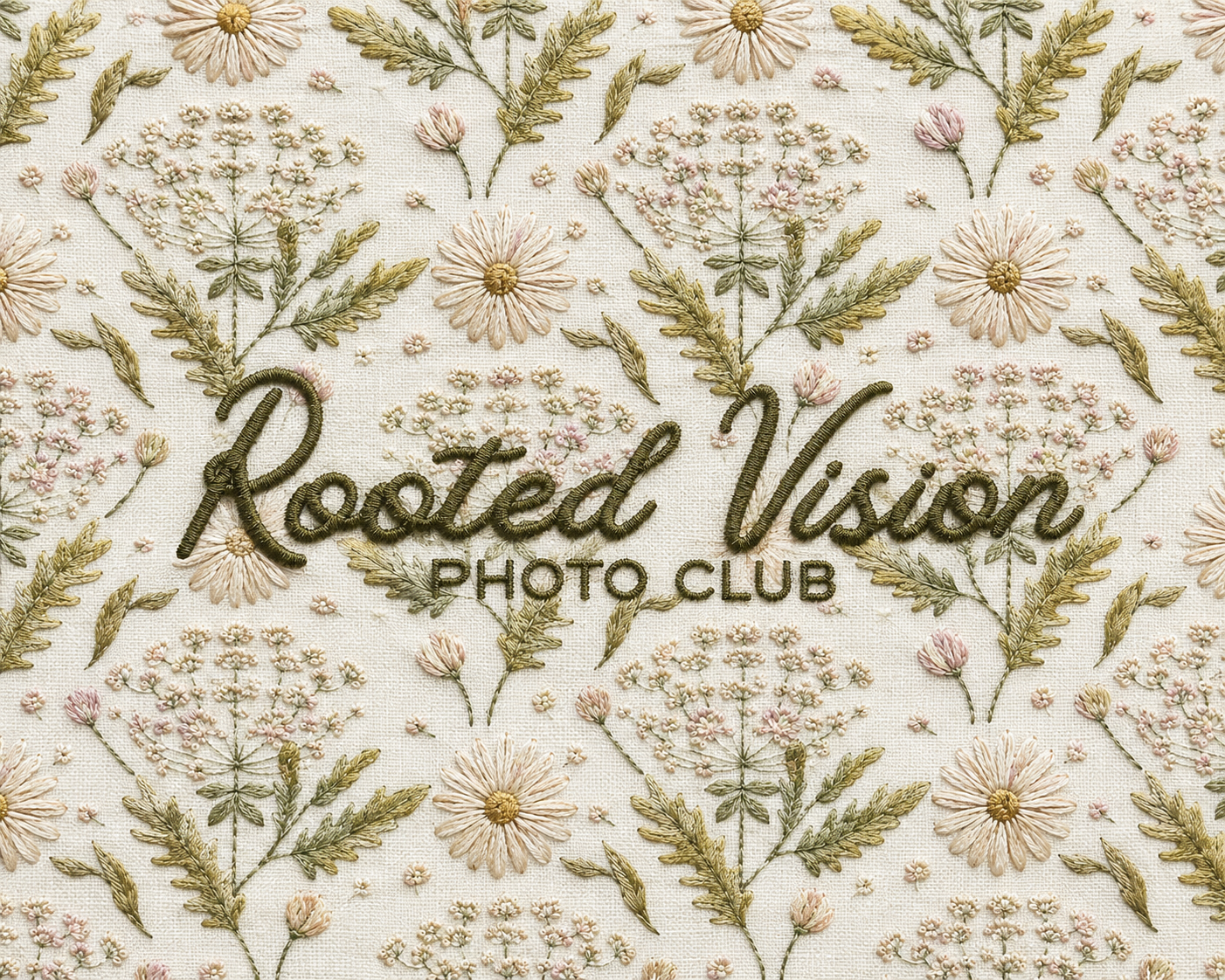 Rooted Vision Photo Club logo on a floral embroidered fabric pattern with daisies and wildflowers.
