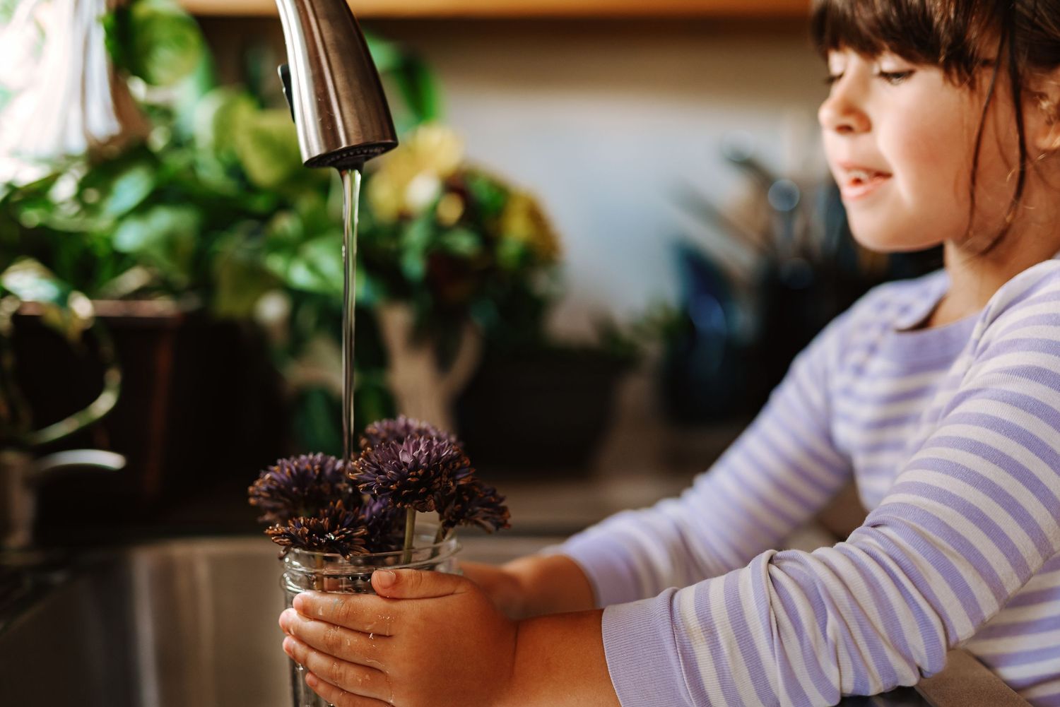 Someone wearing a striped shirt tends to potted plants in a well-lit indoor space.