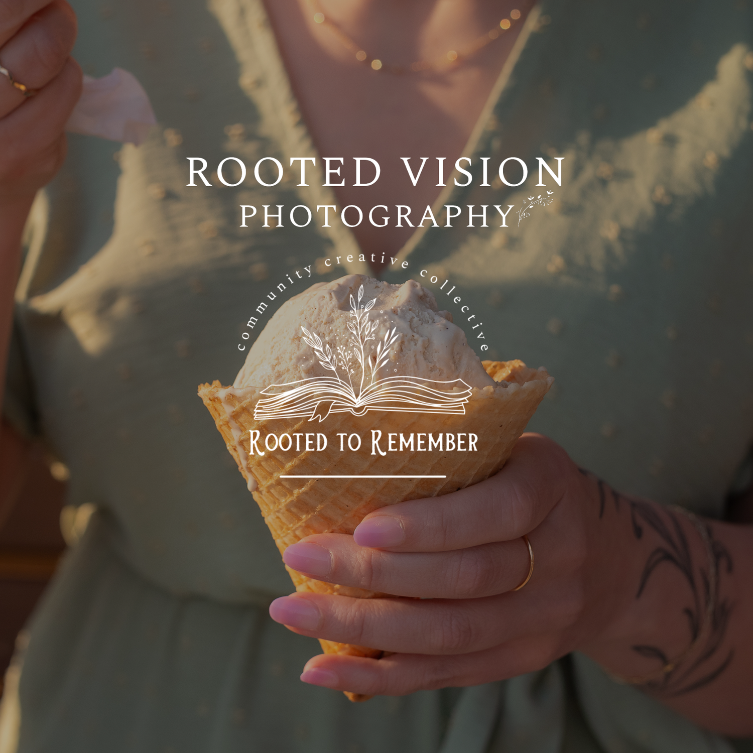 Woman holding a waffle cone with Rooted Vision Photography and Rooted to Remember community creative collective logos overlaid.