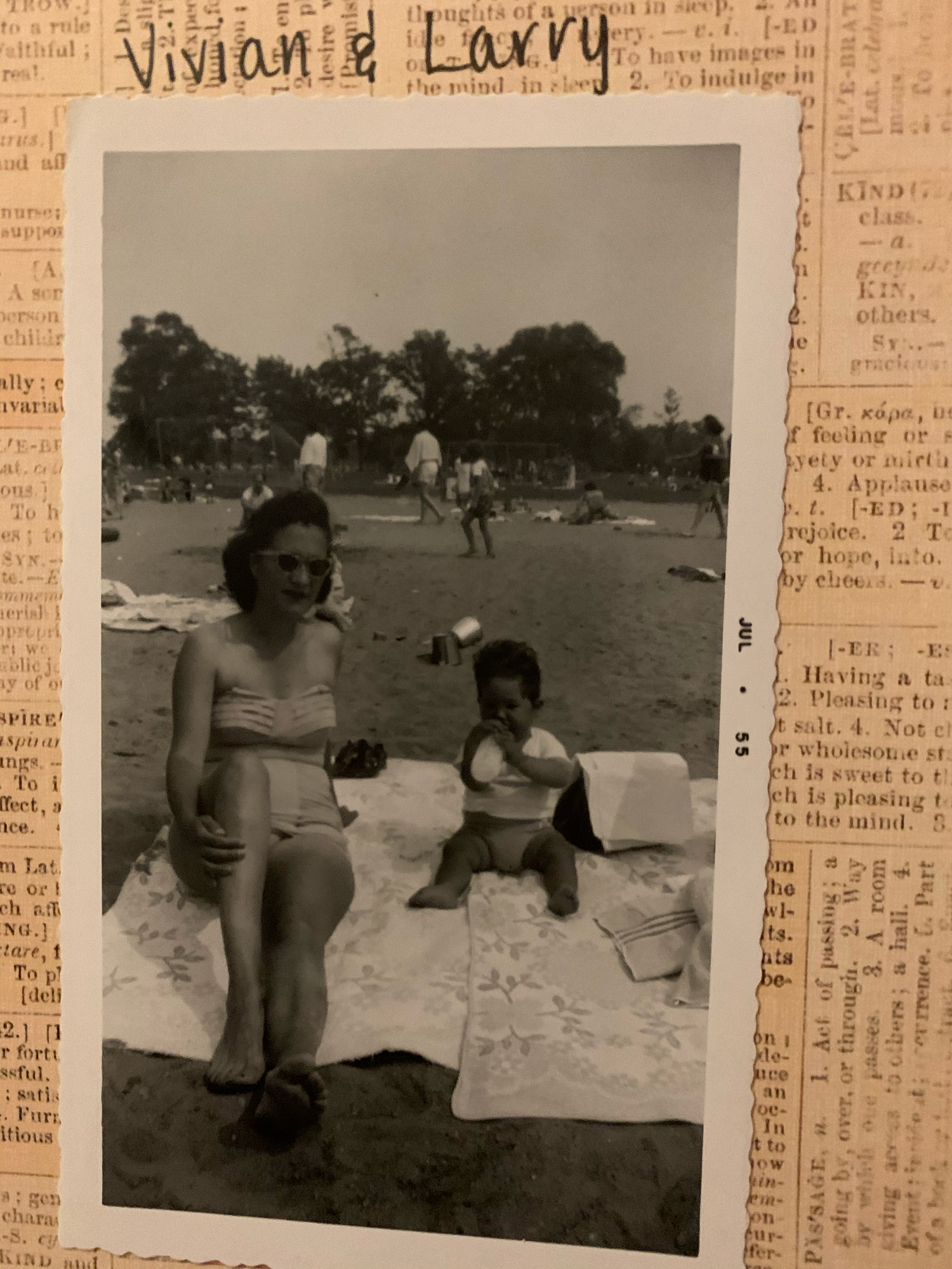 Several vintage black and white photographs from a beach outing are arranged on an aged paper background with handwriting.