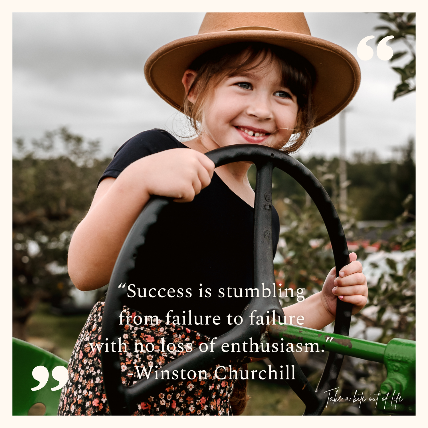 Five connected photos show a person in a brown hat outdoors with an inspirational Winston Churchill quote overlay.