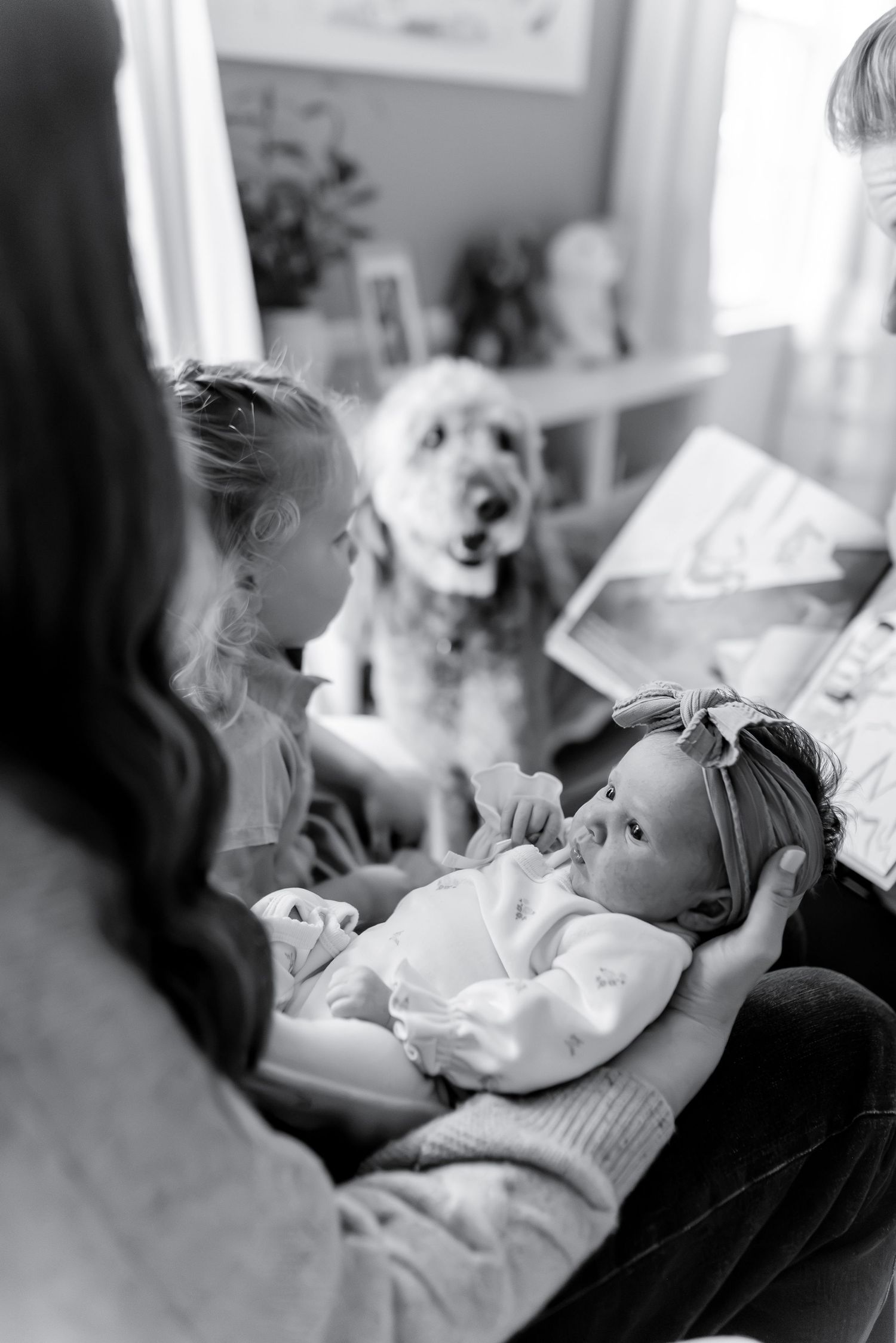 Black and white photo of a mother holding a newborn baby with a young girl and fluffy dog looking on.