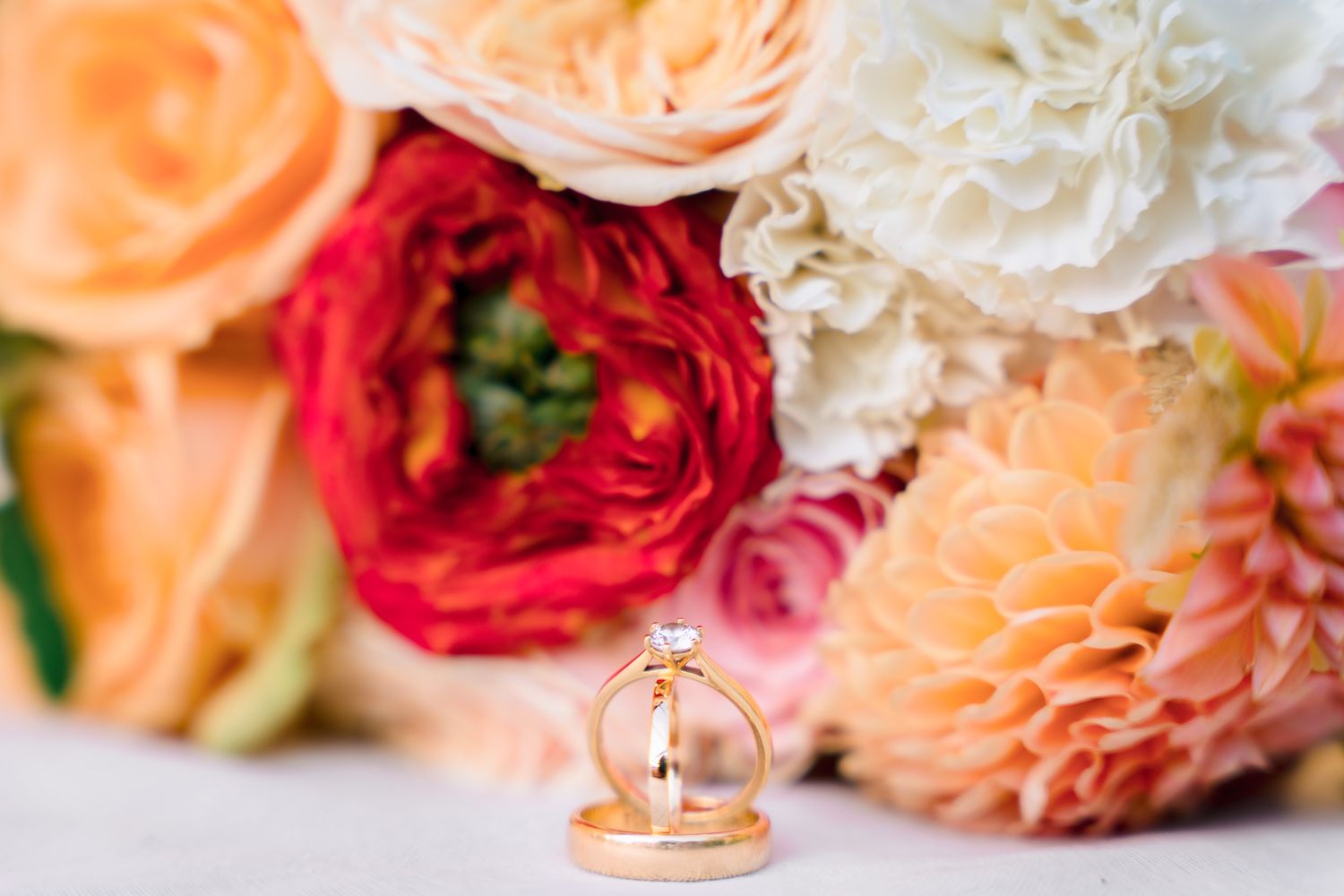 Closeup of peach and red roses arranged in a romantic floral display with soft natural lighting.