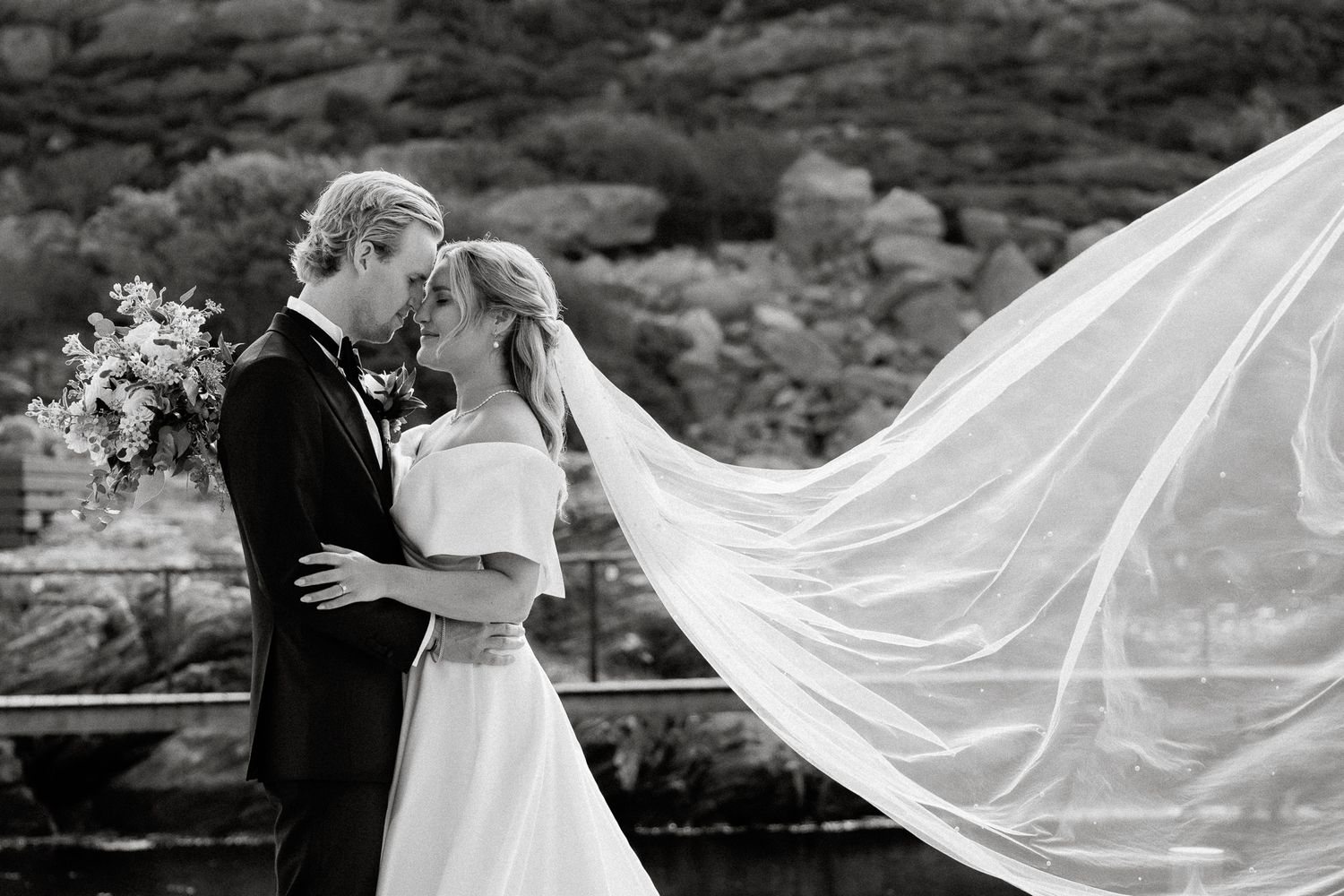 Elegant black and white wedding photograph with flowing veil catching the breeze in romantic outdoor setting.