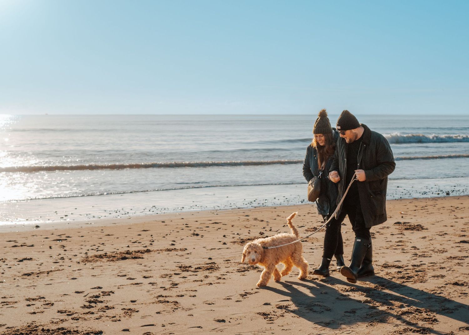 A couple in warm coats walks their dog along a sunny beach shoreline on a winter day.