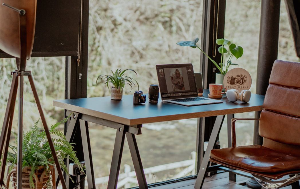 Modern home office setup with laptop, desk lamp, and brown leather chair near a window with plants.