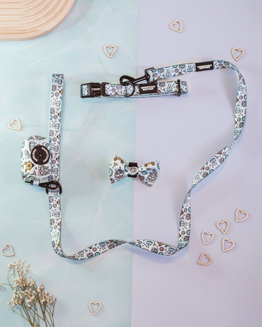 Floral patterned pet collar set with matching bow tie displayed on pastel background with heart decorations.
