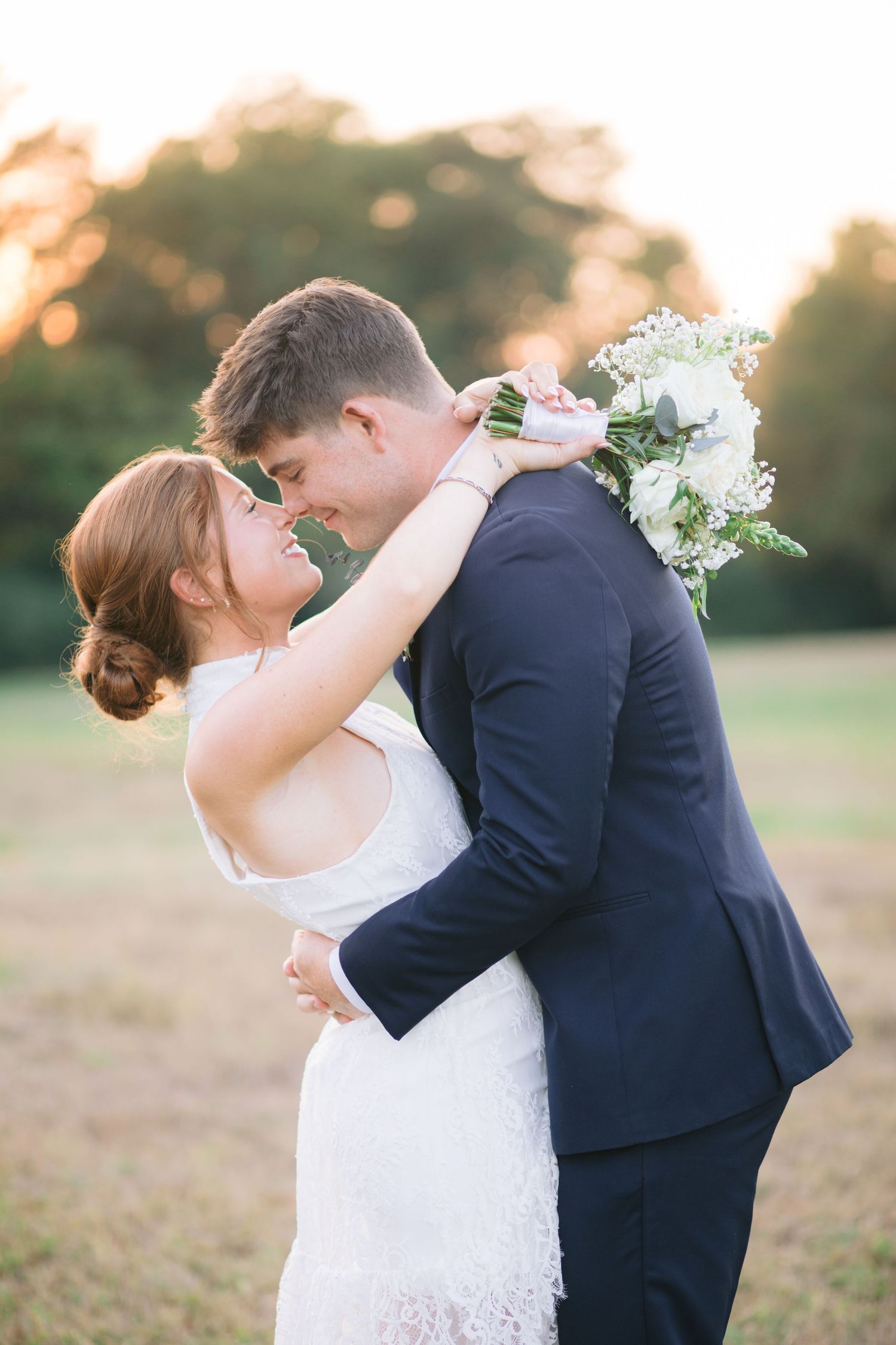 A romantic series of sunset wedding photos showing a couple sharing intimate moments in golden evening light outdoors.