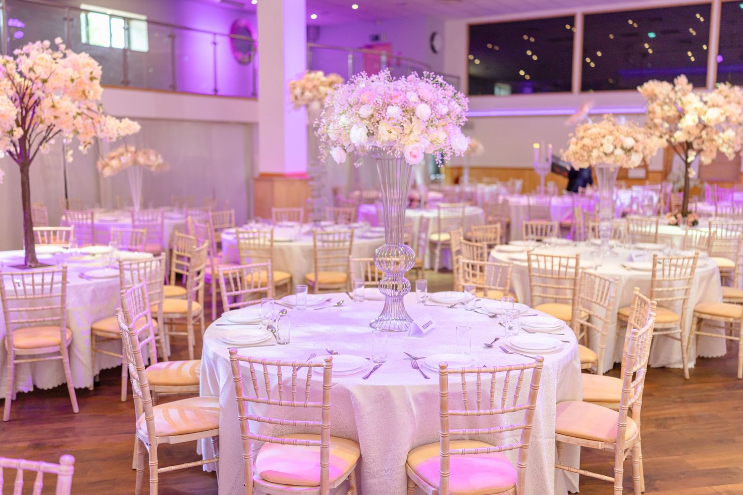 Elegant wedding reception venue with white cherry blossom centerpieces, chiavari chairs and purple uplighting.