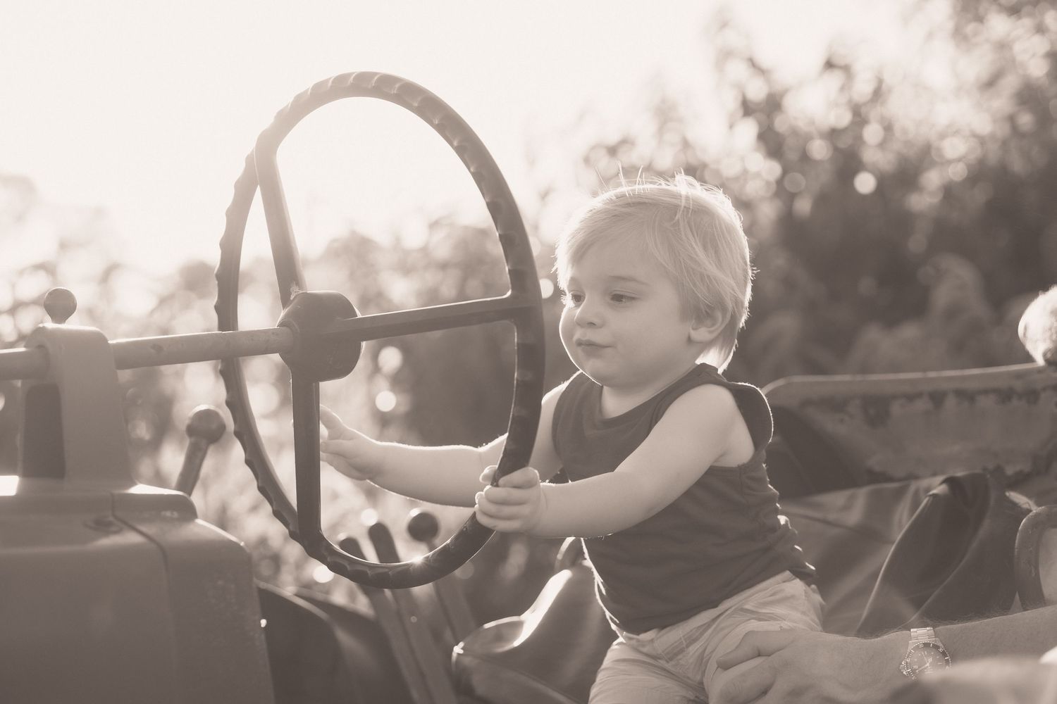 Young toddler sitting on a vintage tractor steering wheel in a sepia-toned outdoor farm photo.