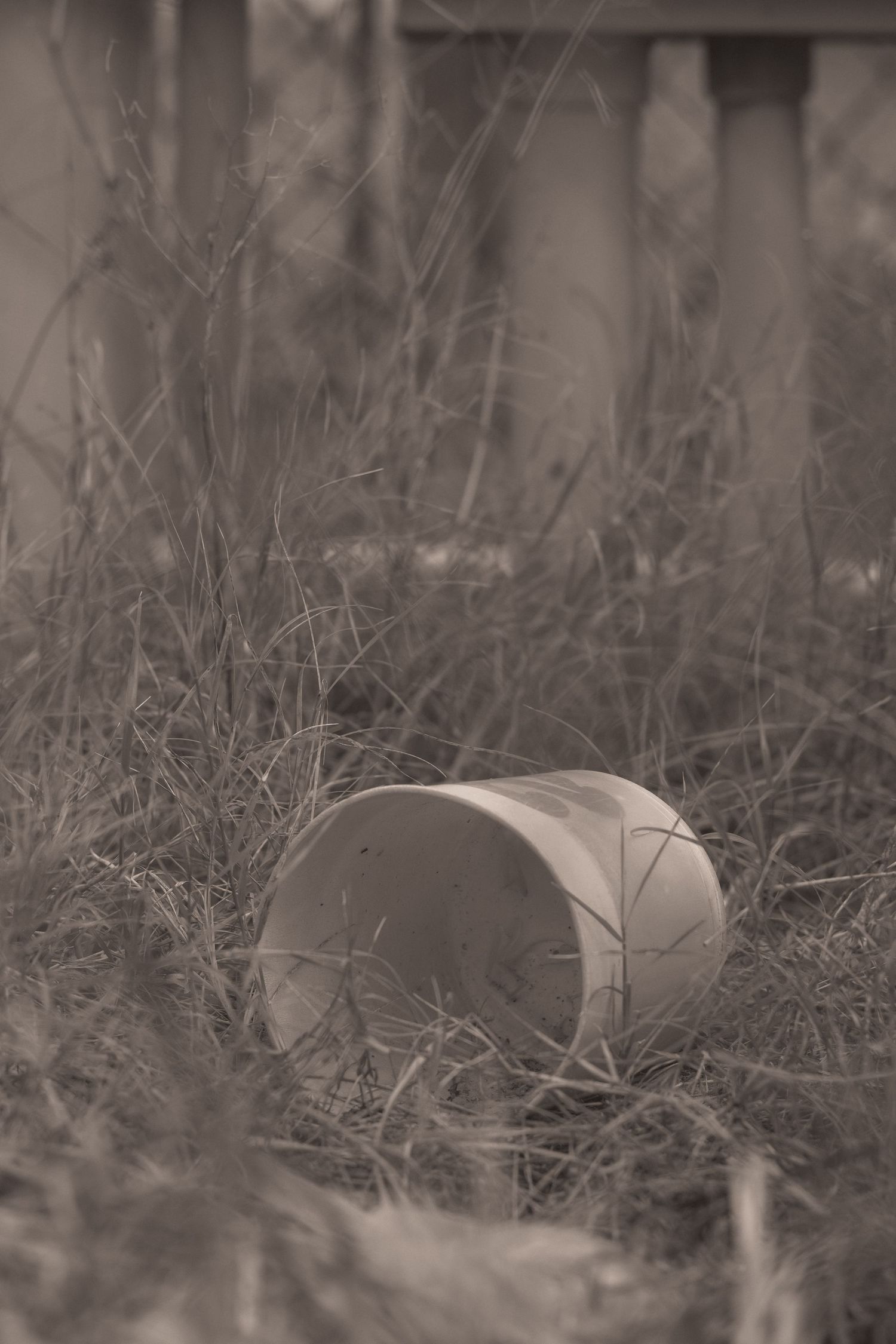 Vintage sepia toned photo of an overturned white bucket lying in dry overgrown grass near a wooden fence.