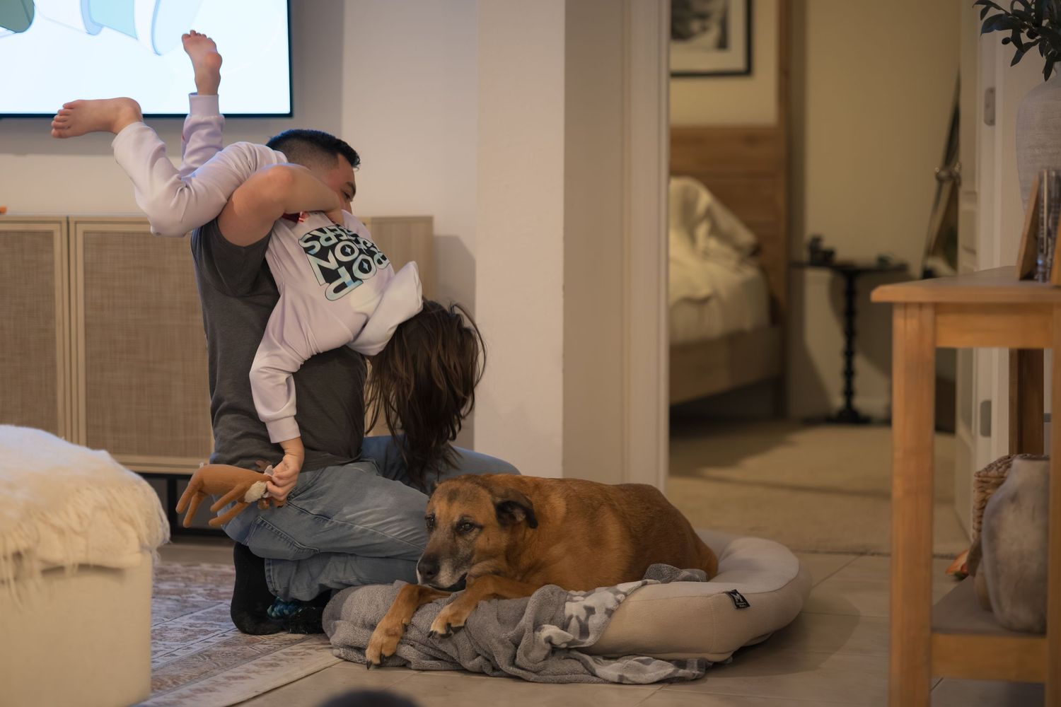 A brown dog lounges on cushions while people interact in a living room.