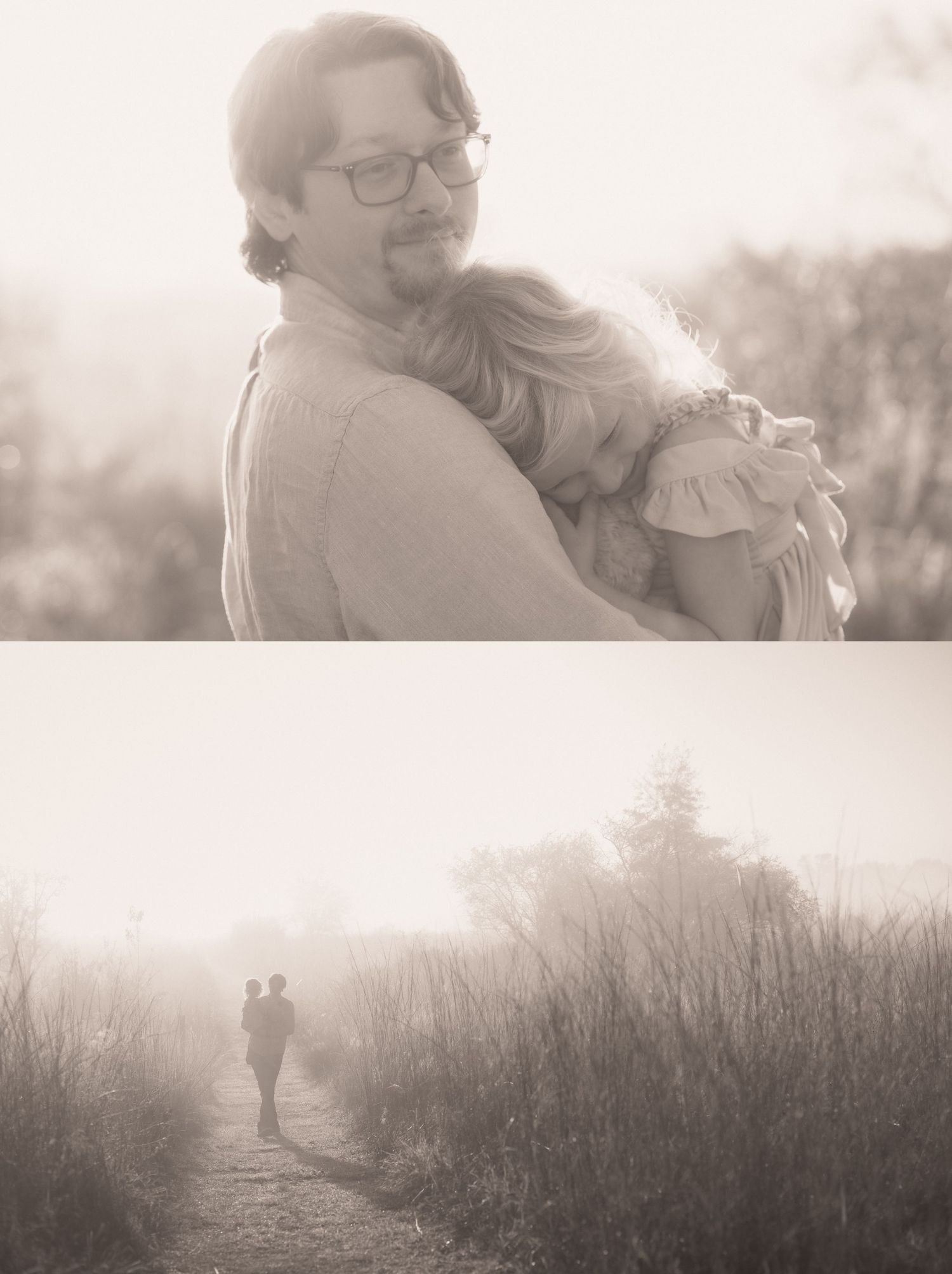 Sepia-toned collage of a father hugging his child and a couple walking a misty path through tall grass.