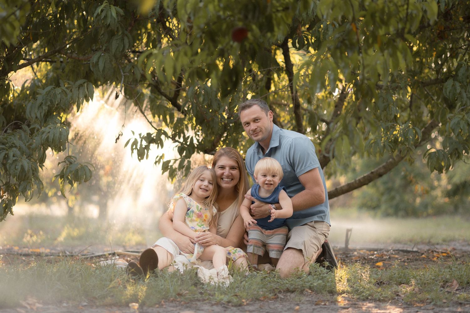 Family of four smiling under a peach tree in golden sunlight, parents seated on ground with two young children.