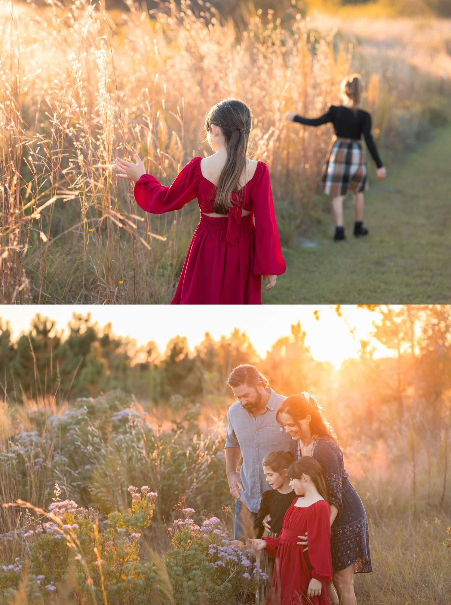 Family portrait session at golden hour in a field, woman in red dress with child, warm sunset light.