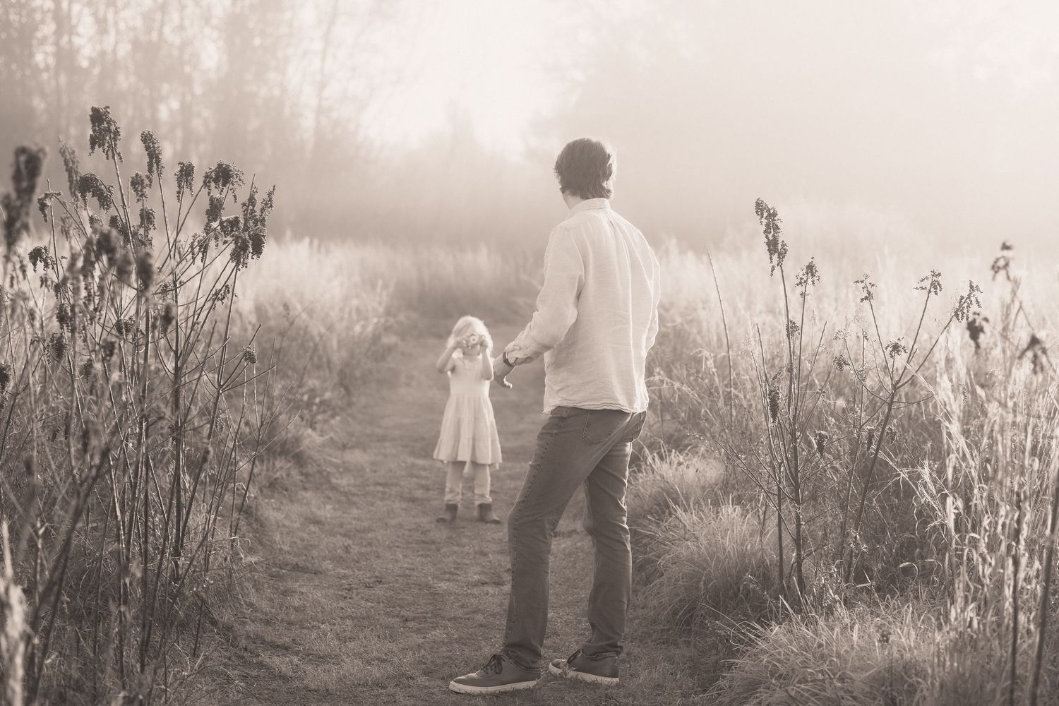 A series of misty morning photographs showing silhouettes of people walking through tall grass in a dreamy landscape.