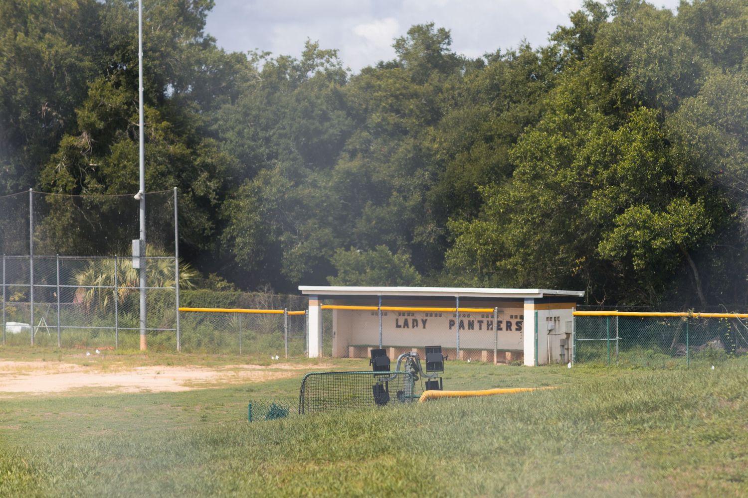 Lady Panthers softball field dugout with green trees and chain-link fence in background on a sunny day.