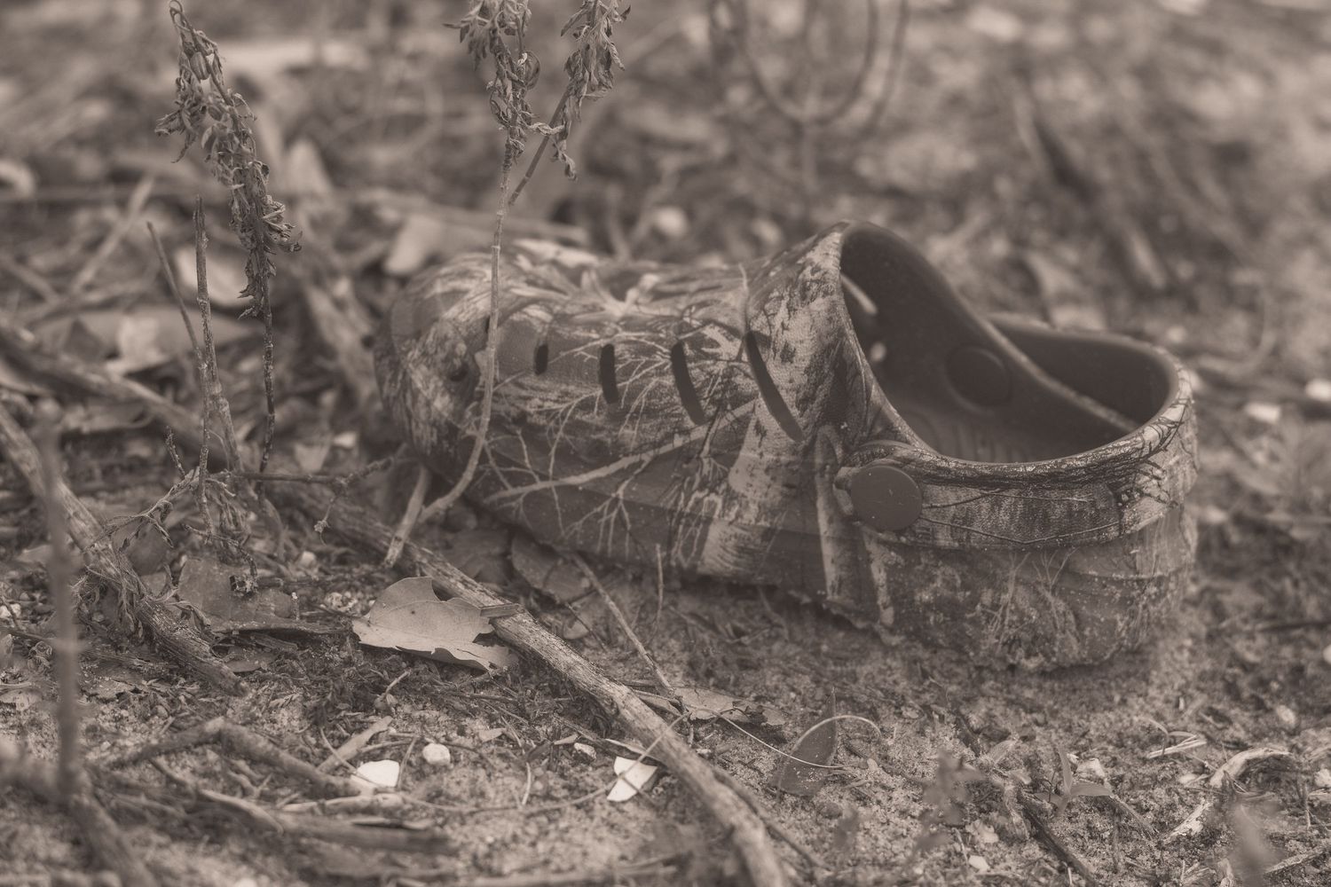 A worn camouflage shoe abandoned on muddy ground surrounded by dry leaves and twigs in a sepia-toned outdoor setting.