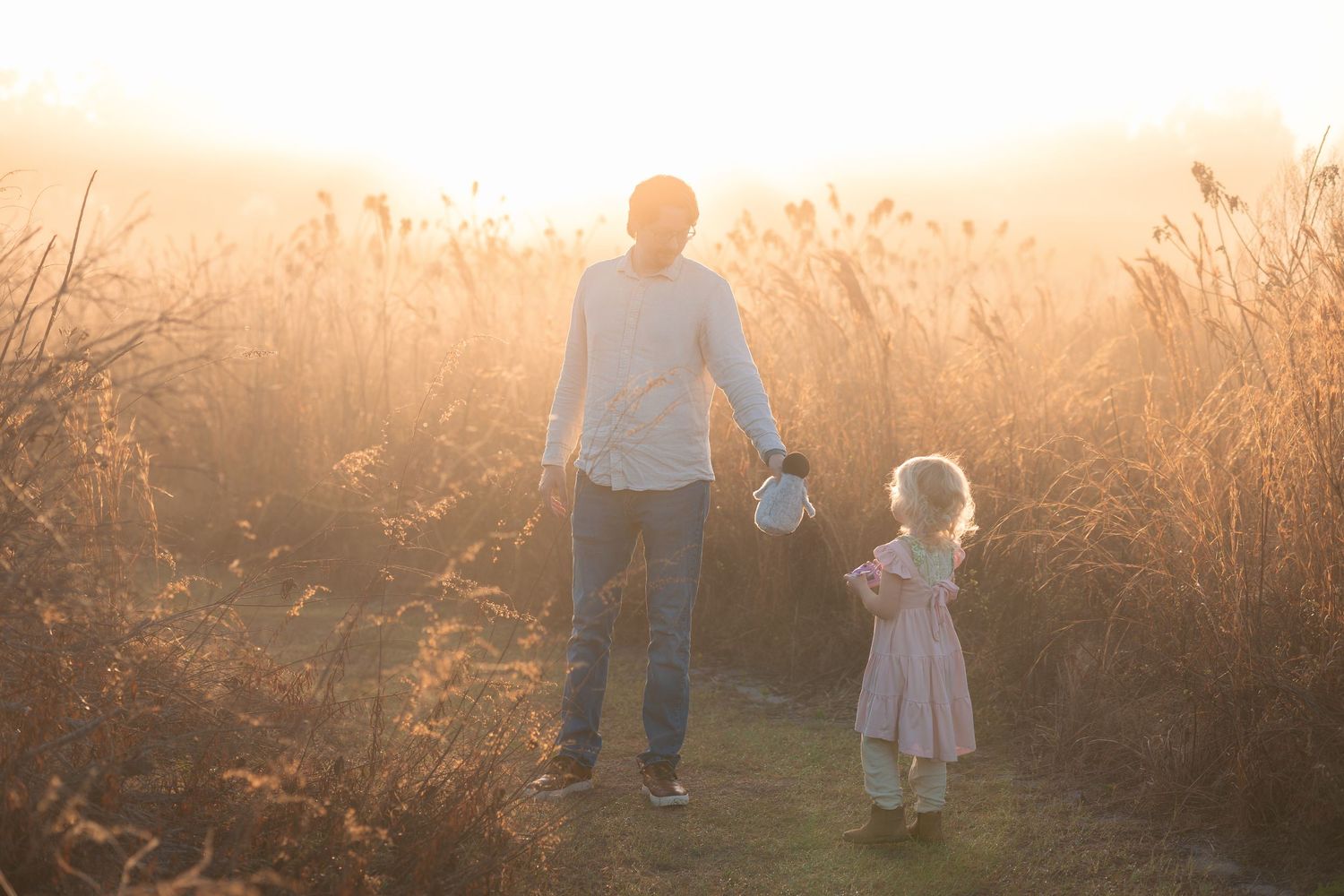 A silhouetted parent and child hold hands while walking through a misty field at sunset creating a magical moment.