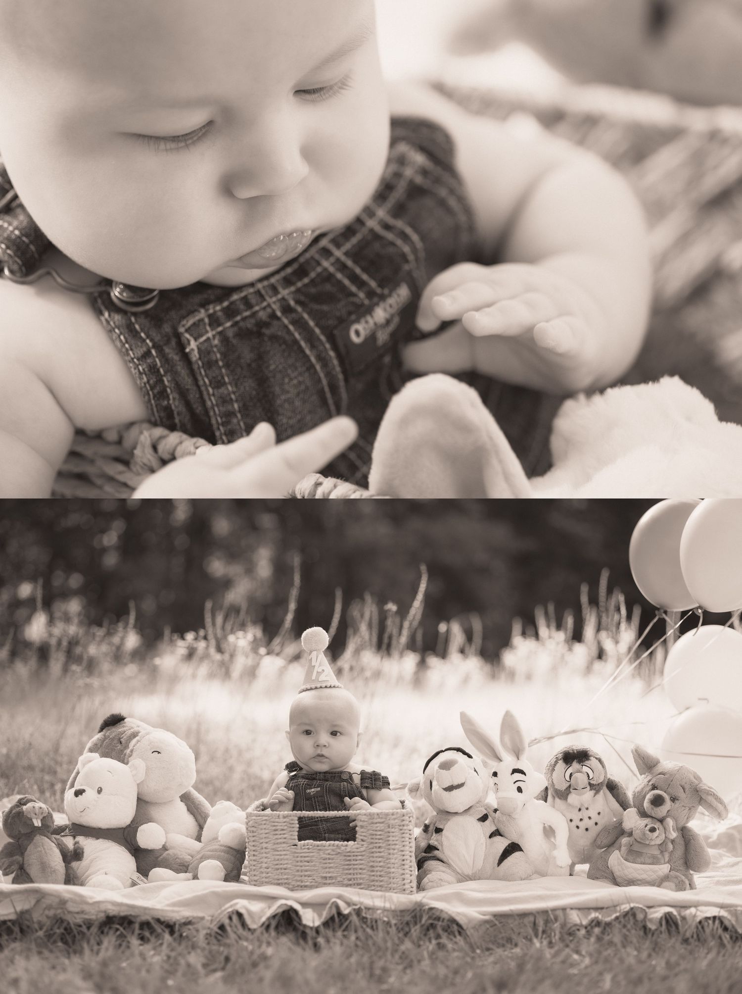 Black and white collage of a baby in overalls and a party hat surrounded by stuffed animals outdoors.