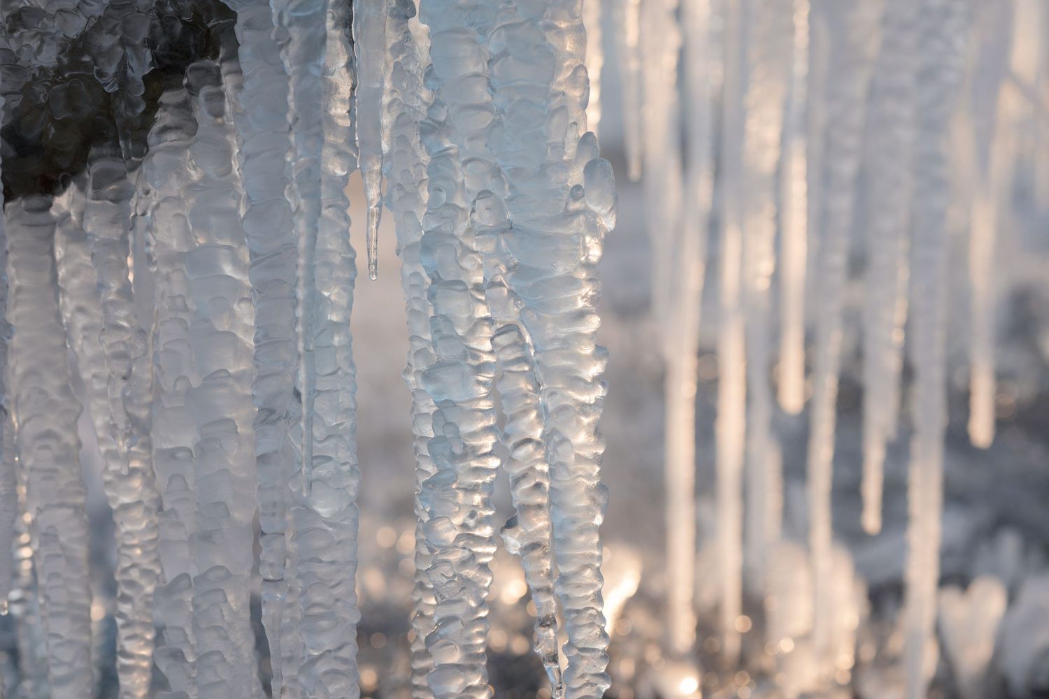 Delicate icicles hanging from a roof catch the sunlight creating a sparkling winter wonderland effect.
