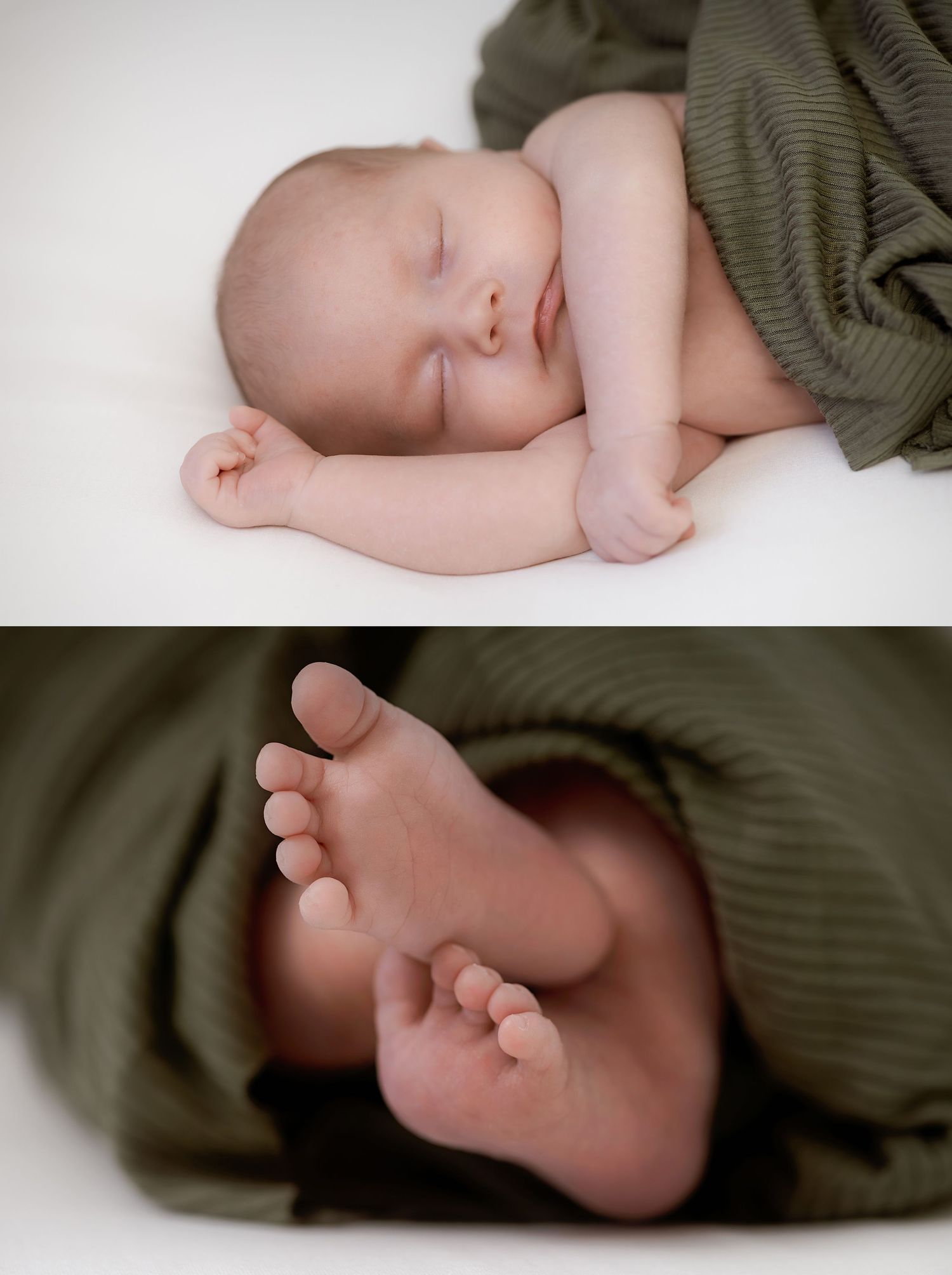 Peaceful sleeping newborn baby wrapped in olive green knit blanket with tiny feet peeking out in professional studio photo.