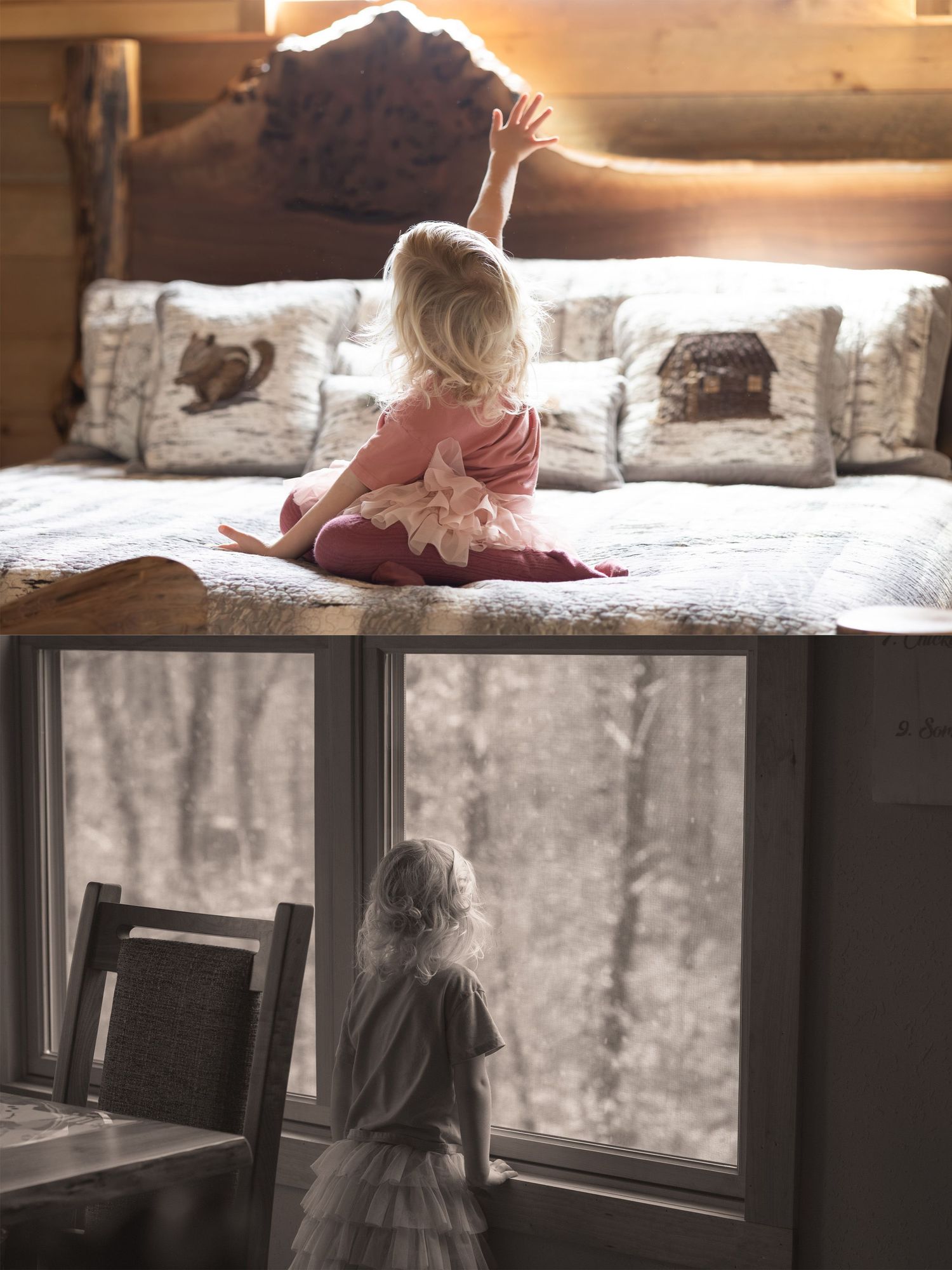 Young blonde girl reaches toward sunlit headboard on rustic bed with decorative pillows, while another shows her gazing out a snowy window.