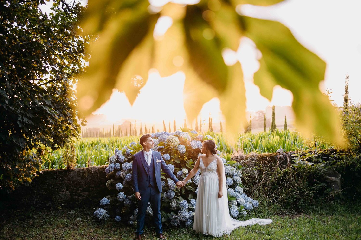 Wedding party poses together during golden hour sunset with sun flare peeking through trees and foliage.