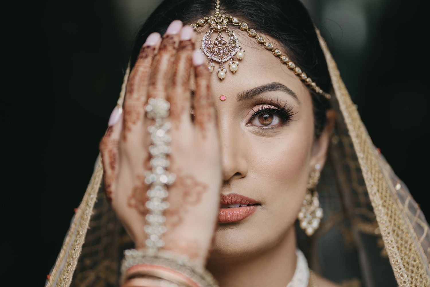Close-up of South Asian bride with traditional jewelry and henna-adorned hand covering half her face.