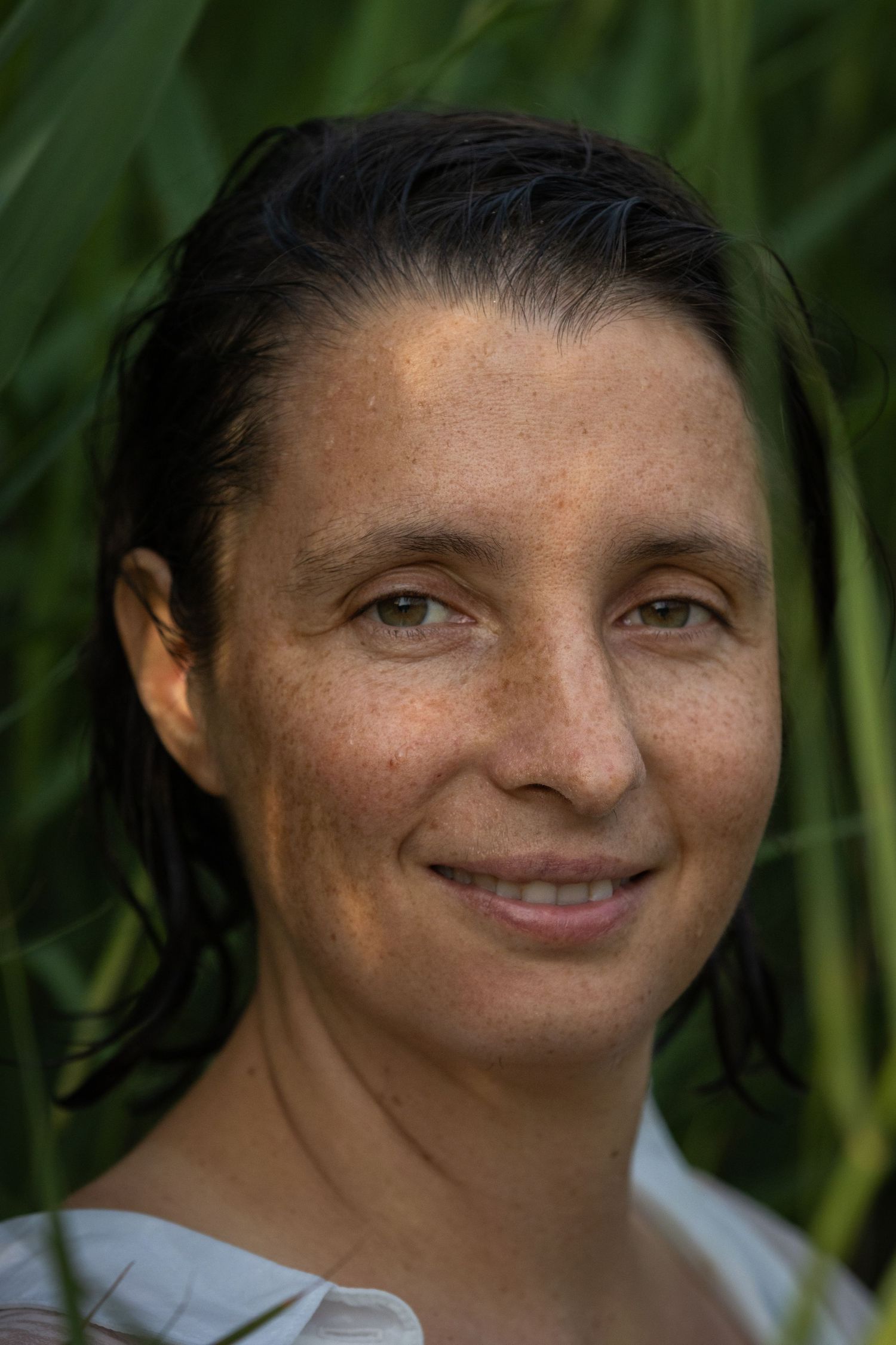 Portret van een glimlachende vrouw. close-up van het gezocht. Bruine lange stijle haren. Haar gezicht is tussen het riet.
