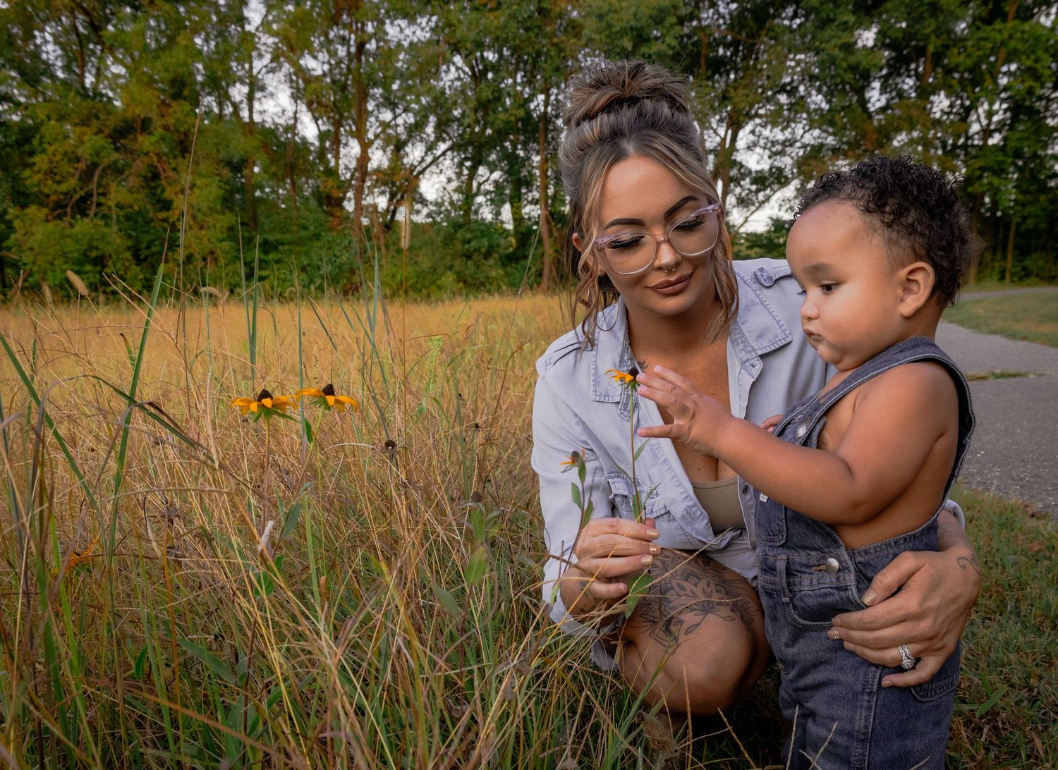 A heartwarming sequence of candid outdoor family moments captured in a golden field during sunset.