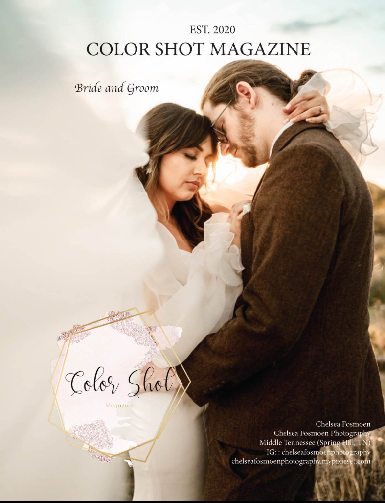 Color Shot Magazine 2020 cover featuring a romantic bride and groom embracing outdoors in soft golden light.
