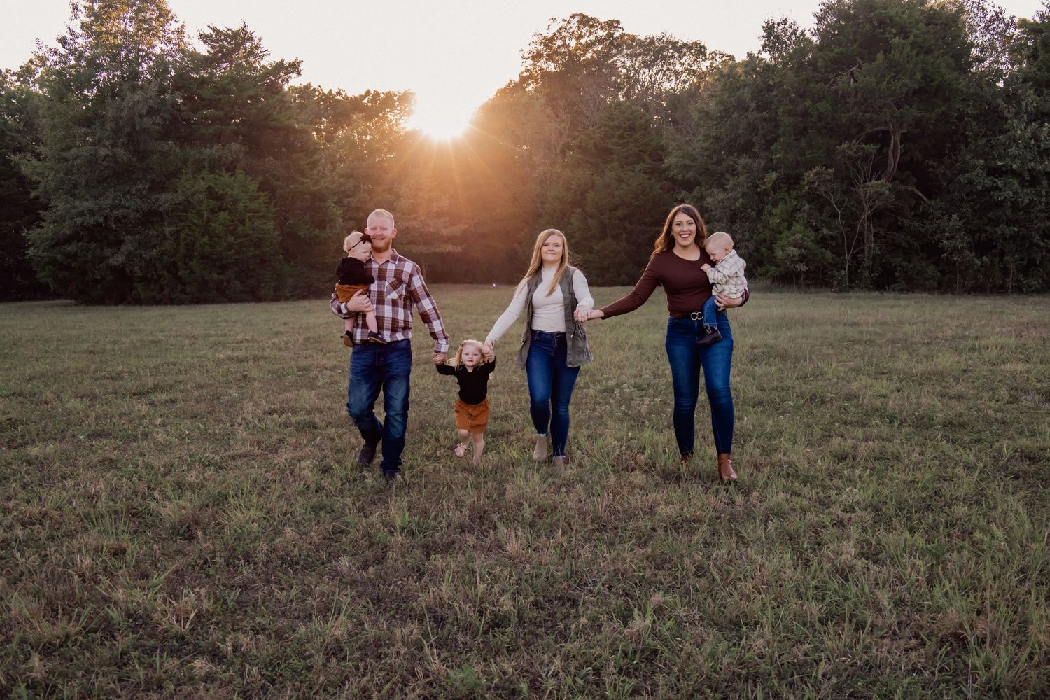 A series of sunset photos in a grassy field showing people walking and playing together during golden hour.