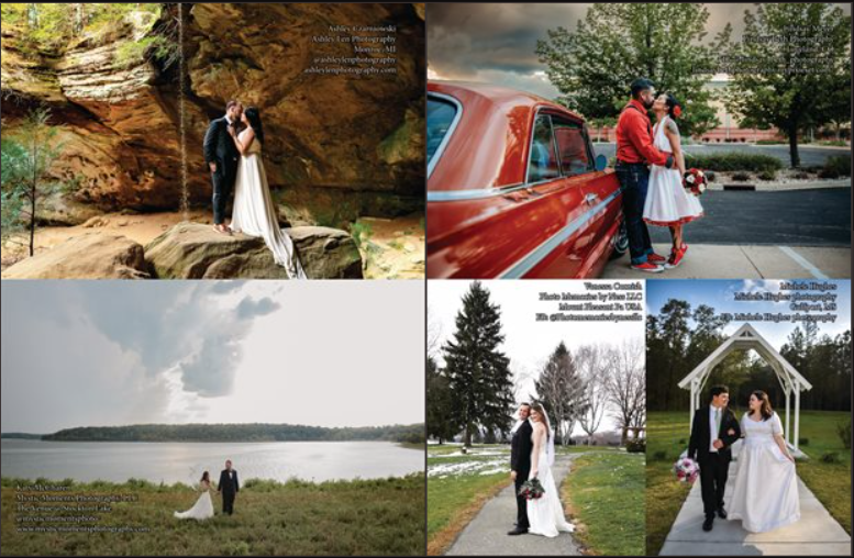 Collage of four wedding photos featuring couples posing outdoors, near a red classic car, lakeside, and by a white gazebo.