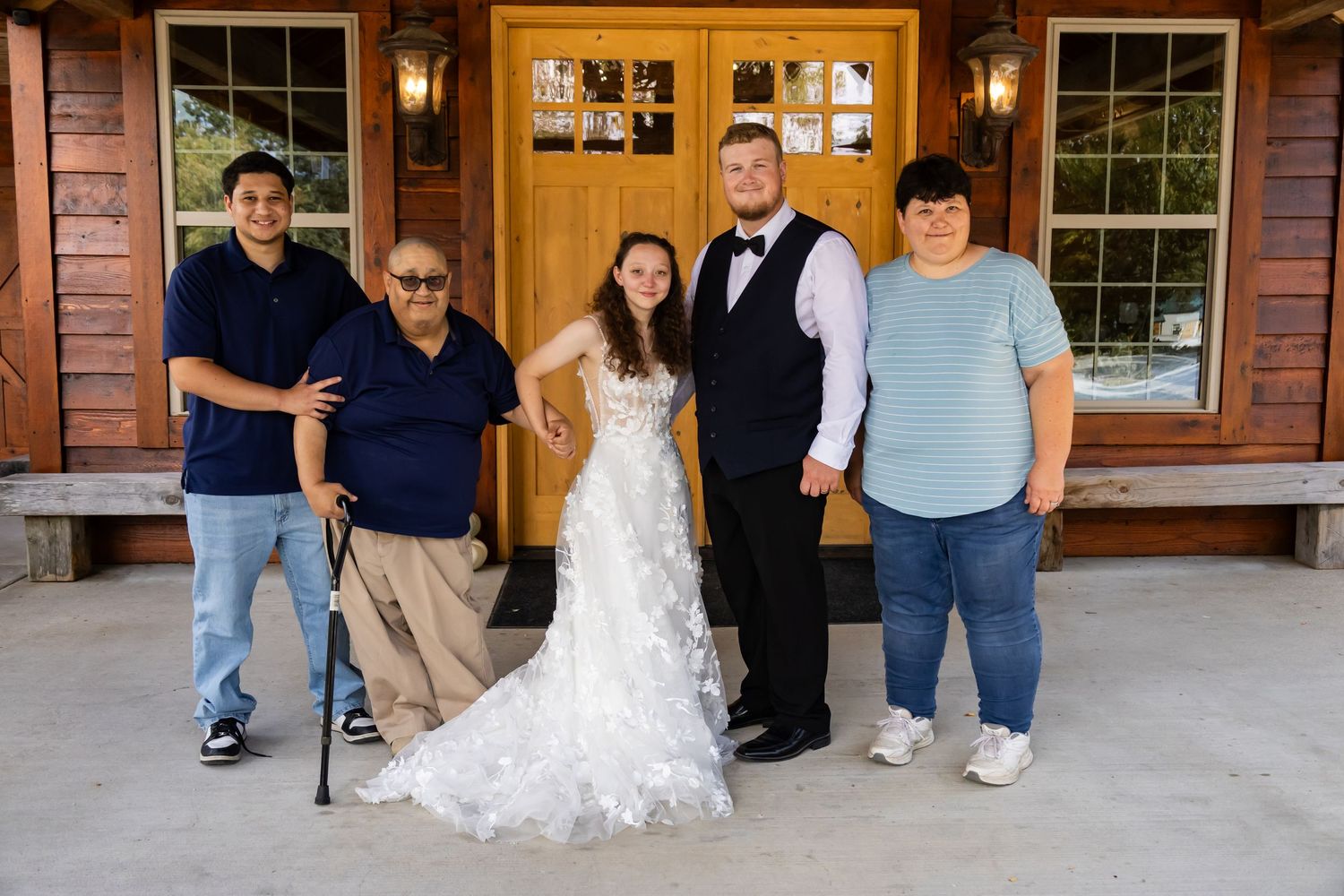 A series of wedding photos showing people gathered on a wooden porch outside a rustic cabin venue.