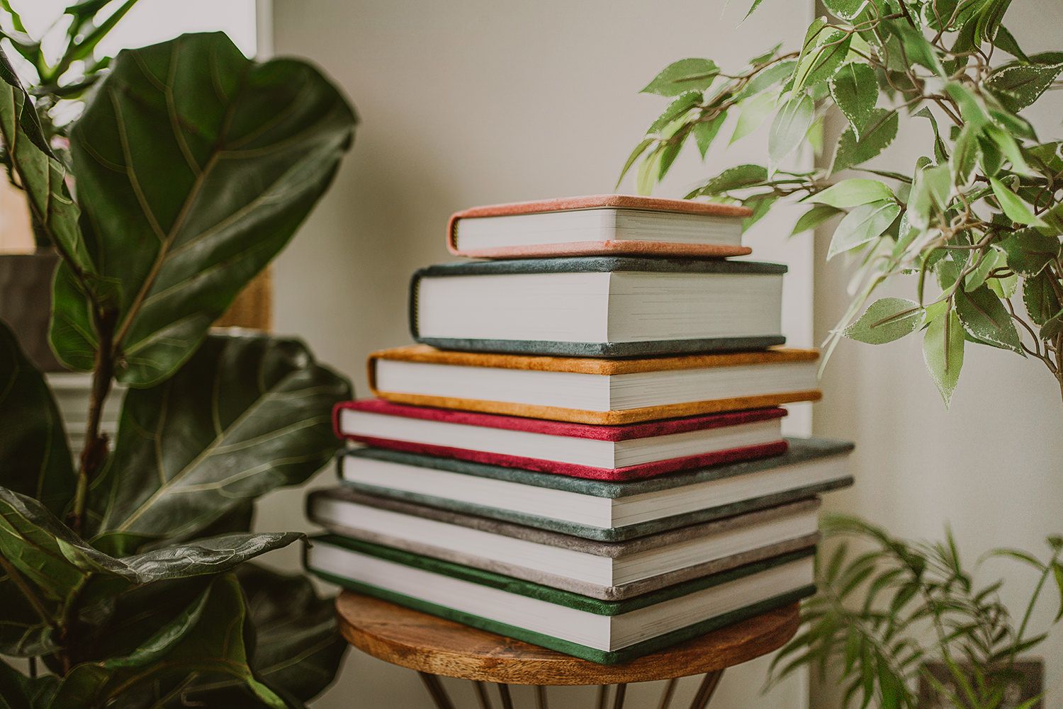 Stack of photo albums surrounded by green plants on wooden surface.