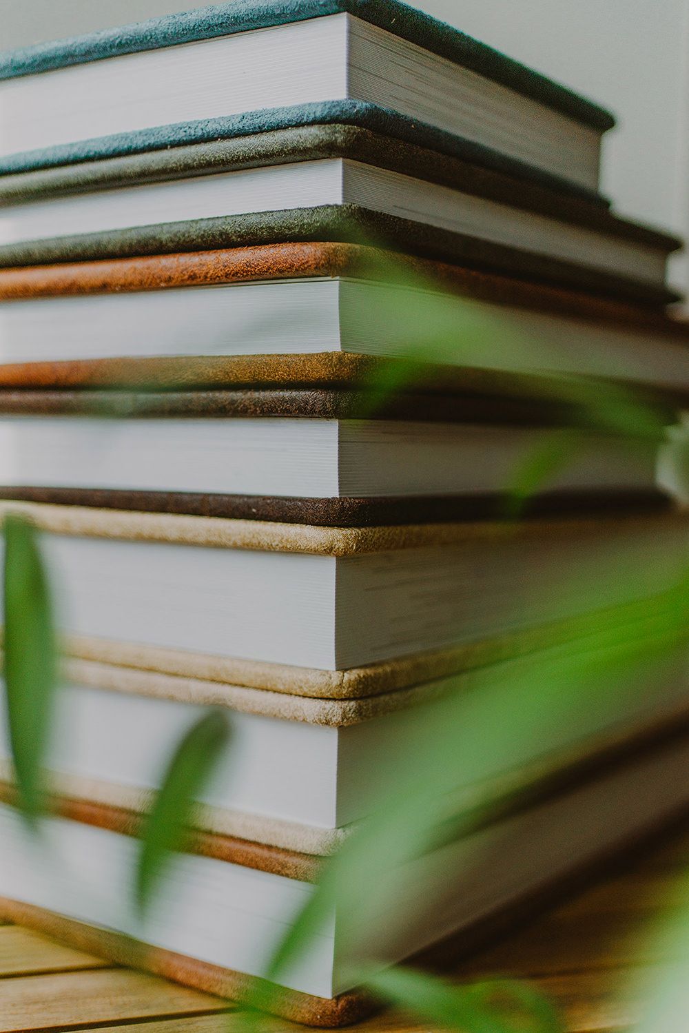 Stack of leather-bound books viewed from the side with green foliage in foreground.