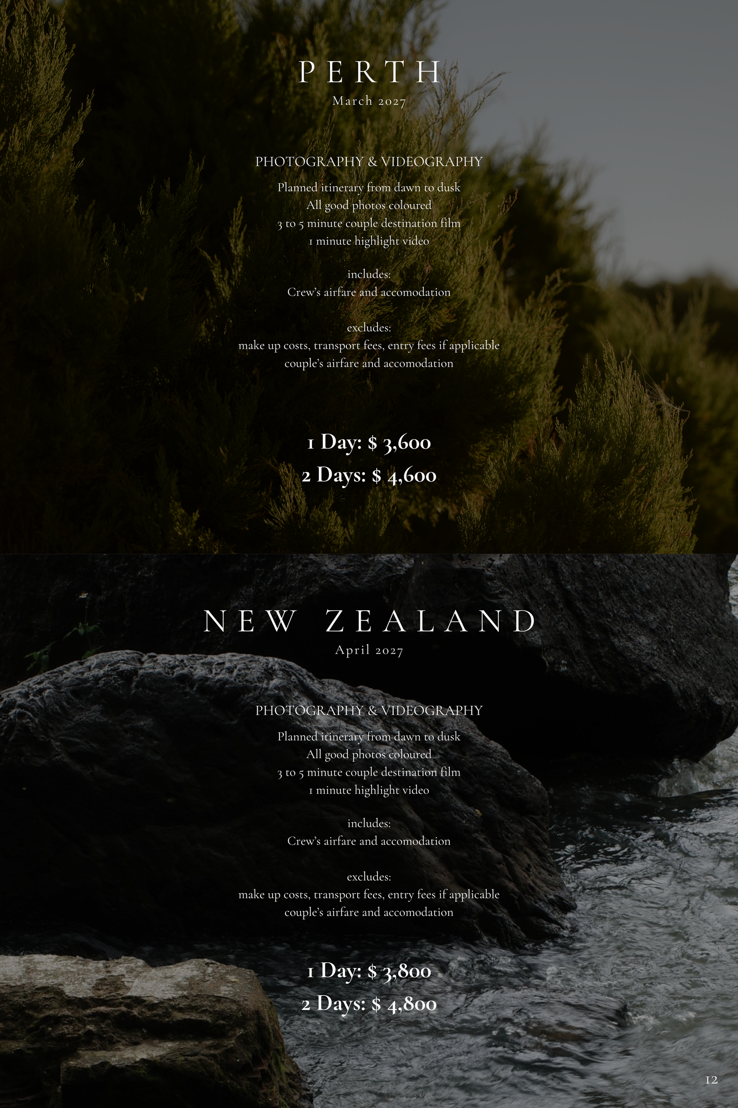 Photography and videography pricing guide for Perth and New Zealand destination shoots, displayed over a scenic nature background.