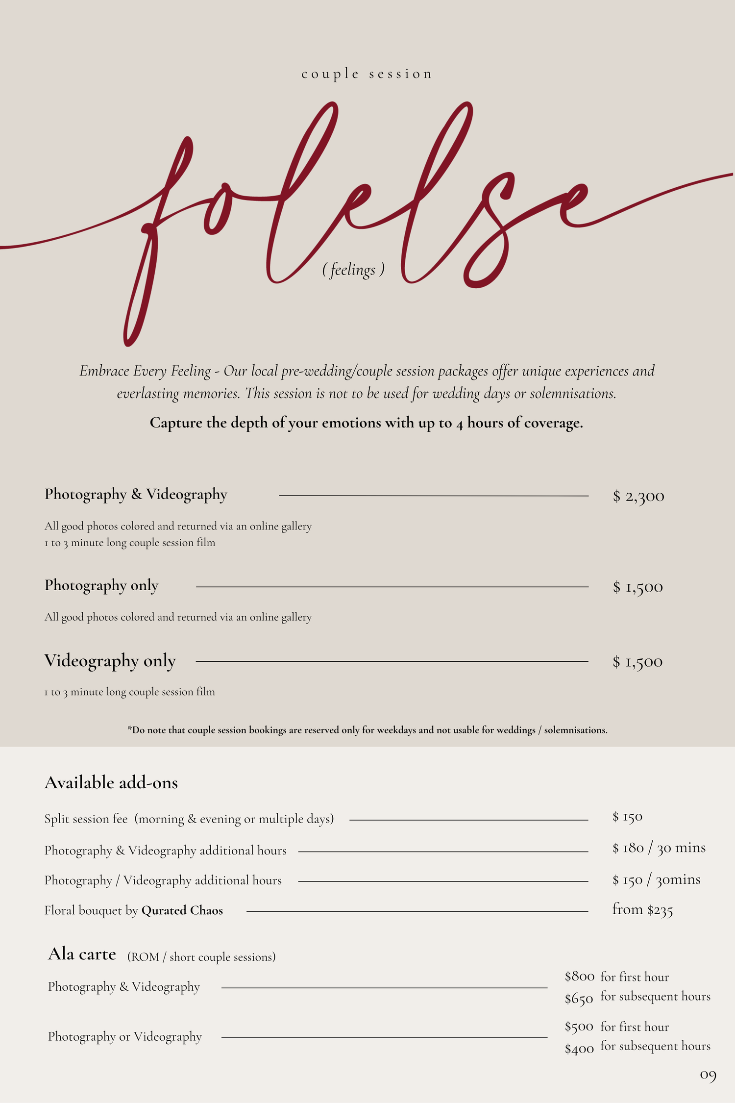 Elegant couple session photography and videography pricing guide with script font and beige background.
