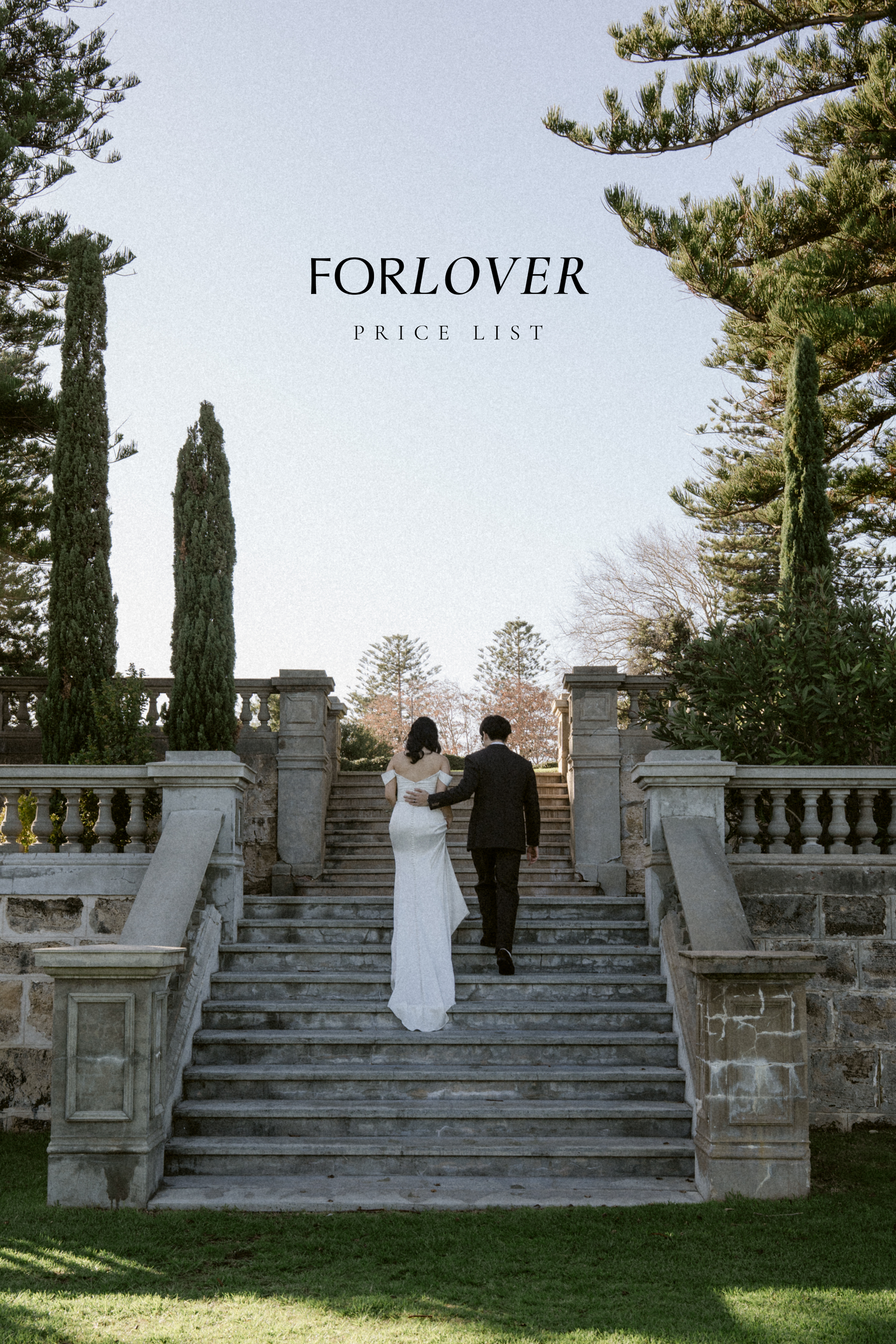 A bride and groom walk hand in hand up elegant stone stairs at a garden venue, with the Forlover price list overlay.
