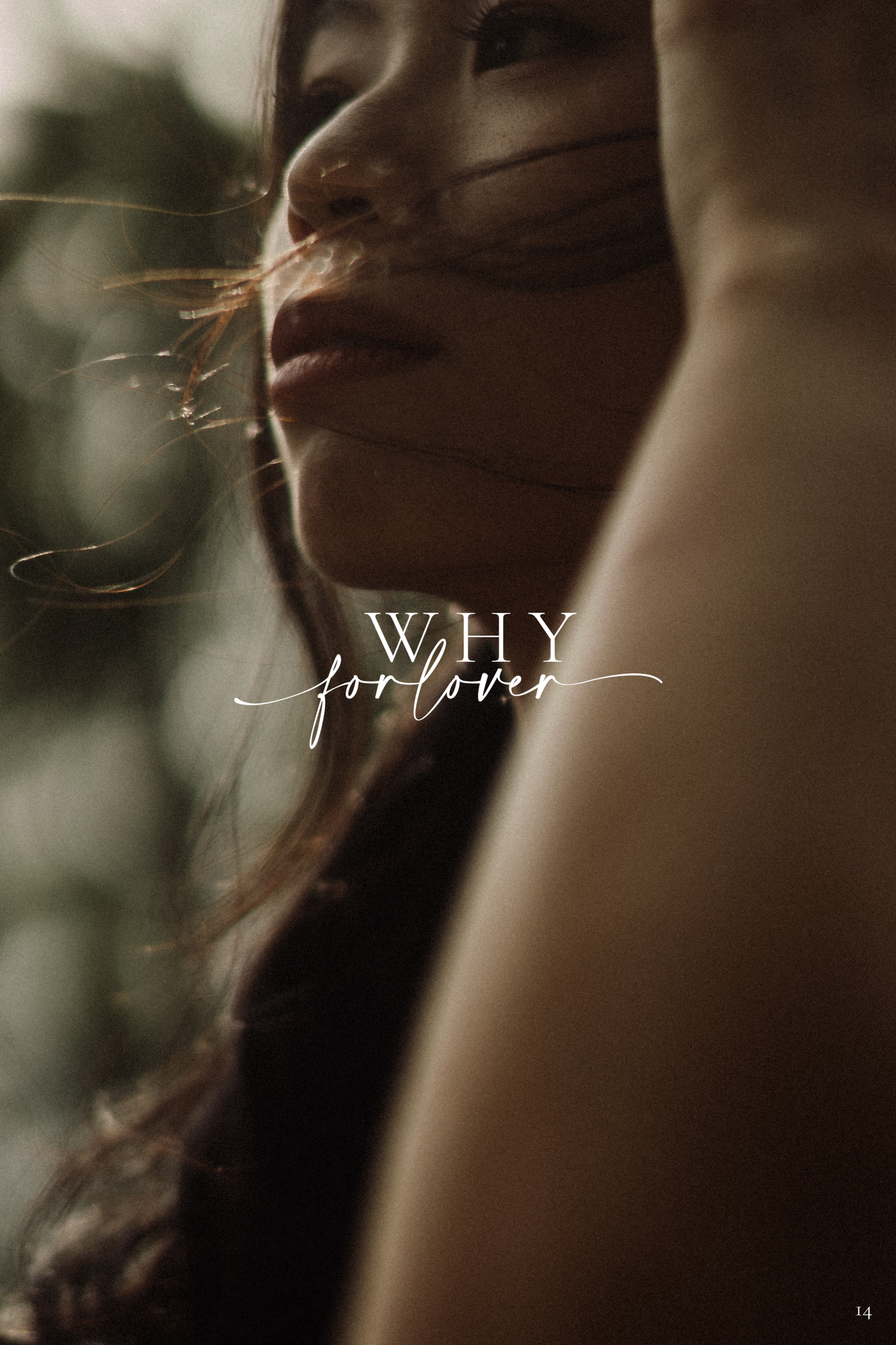 Close-up portrait of a young Asian woman with wind-blown hair, overlaid with elegant text reading Why For Lover.