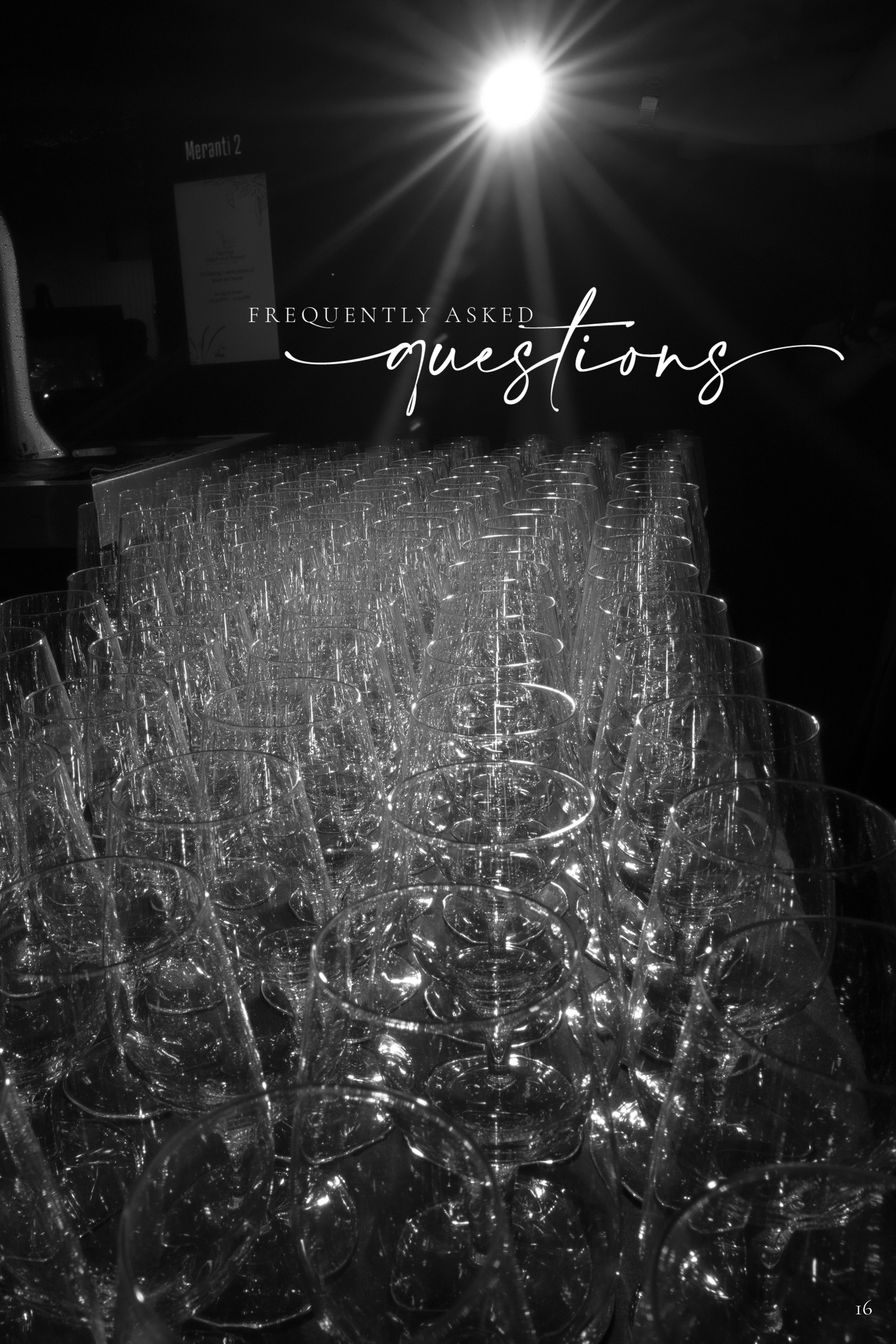 Black and white photo of stacked champagne flutes with a bright light and frequently asked questions text overlay.