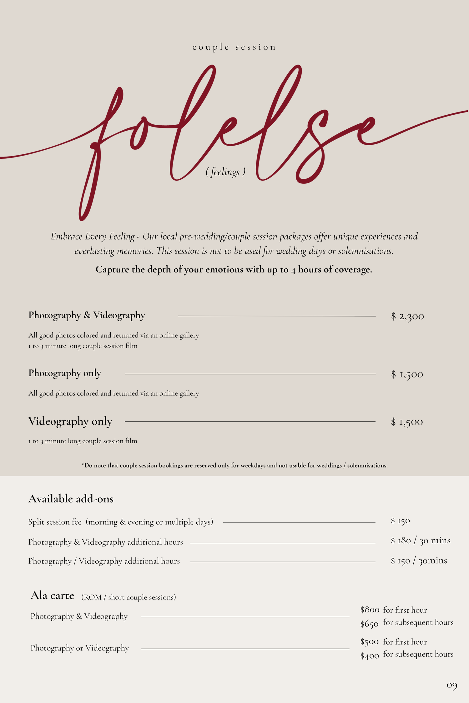 Elegant couple session photography and videography pricing guide with script font and beige background for pre-wedding packages.