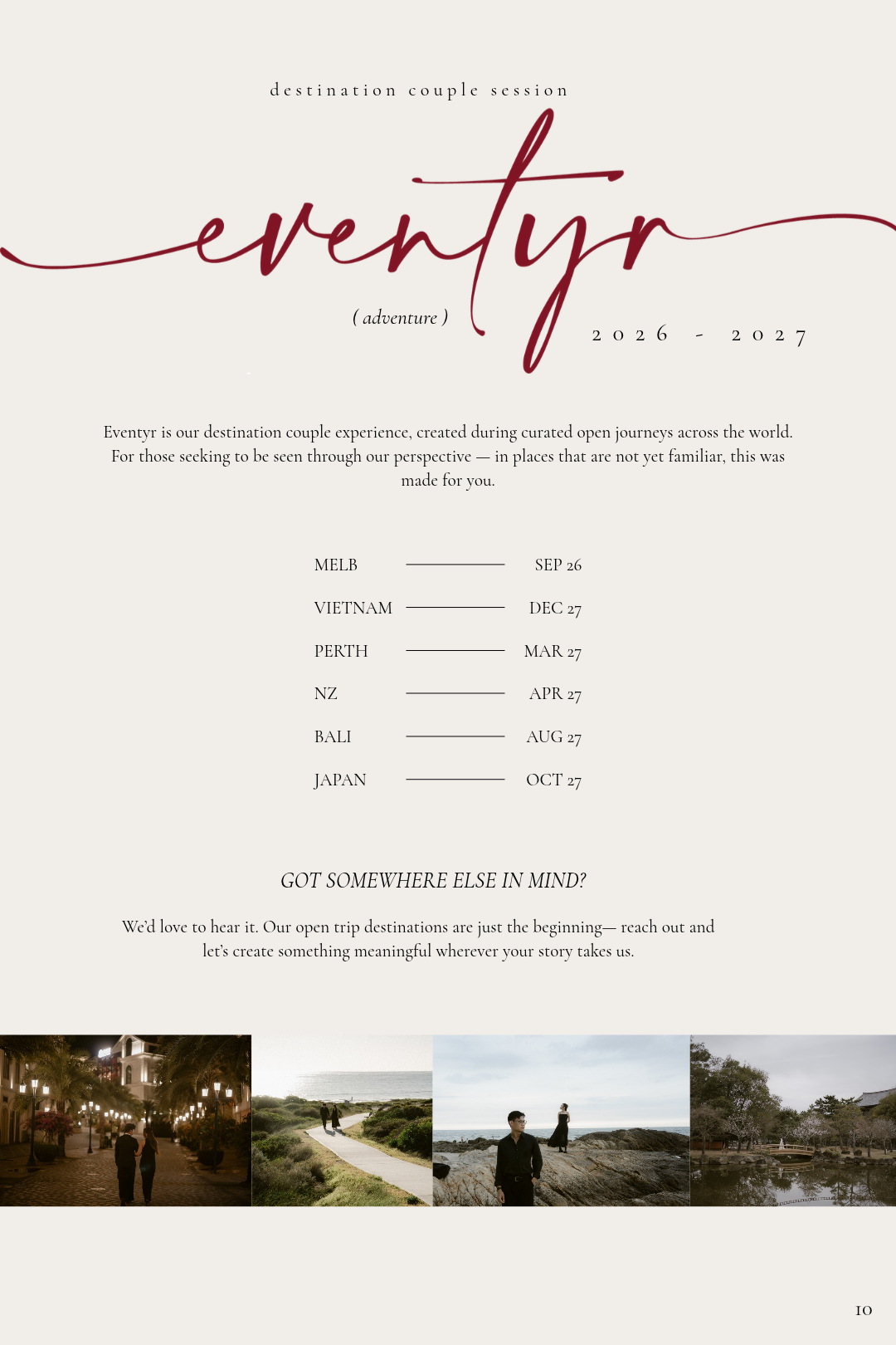 Eventyr destination couple session brochure for 2026-2027 featuring travel dates for Melbourne, Vietnam, Perth, NZ, Bali, and Japan.